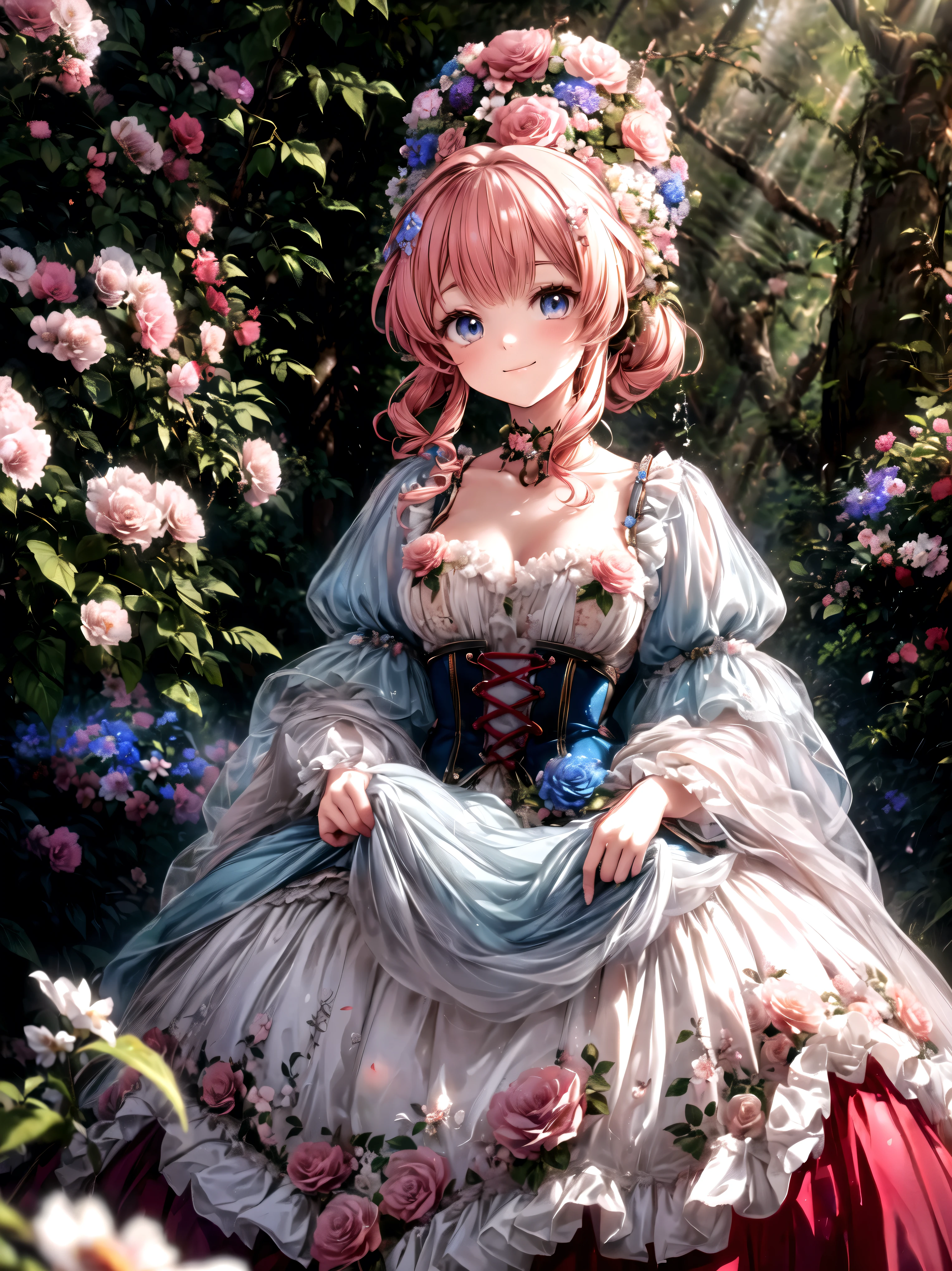 Lady, Curly Hair, ponytail, floral crinoline hoop skirt, Red Petticoat Dress , ((( big size))), hyper detailed beautiful eyes, bonnet, Fluffy, pink hair, ((smile)), downblouse, loose t-shirt, light particles, Retro, forest, ((nature)), ( in the woods ), (((A decayed small room in the forest surrounded by flowers ))), sofa, ((Lots of colorful flowers)), (Flowing Petals), sunlight filtering through the trees, Shallow Depth of Field , film grain, landscape, light sparkles, light leaks, (anime moe art style:1.3), ((Superbly detailed drawing, ultra detailed, exquisite quality, absolutely resolution)),