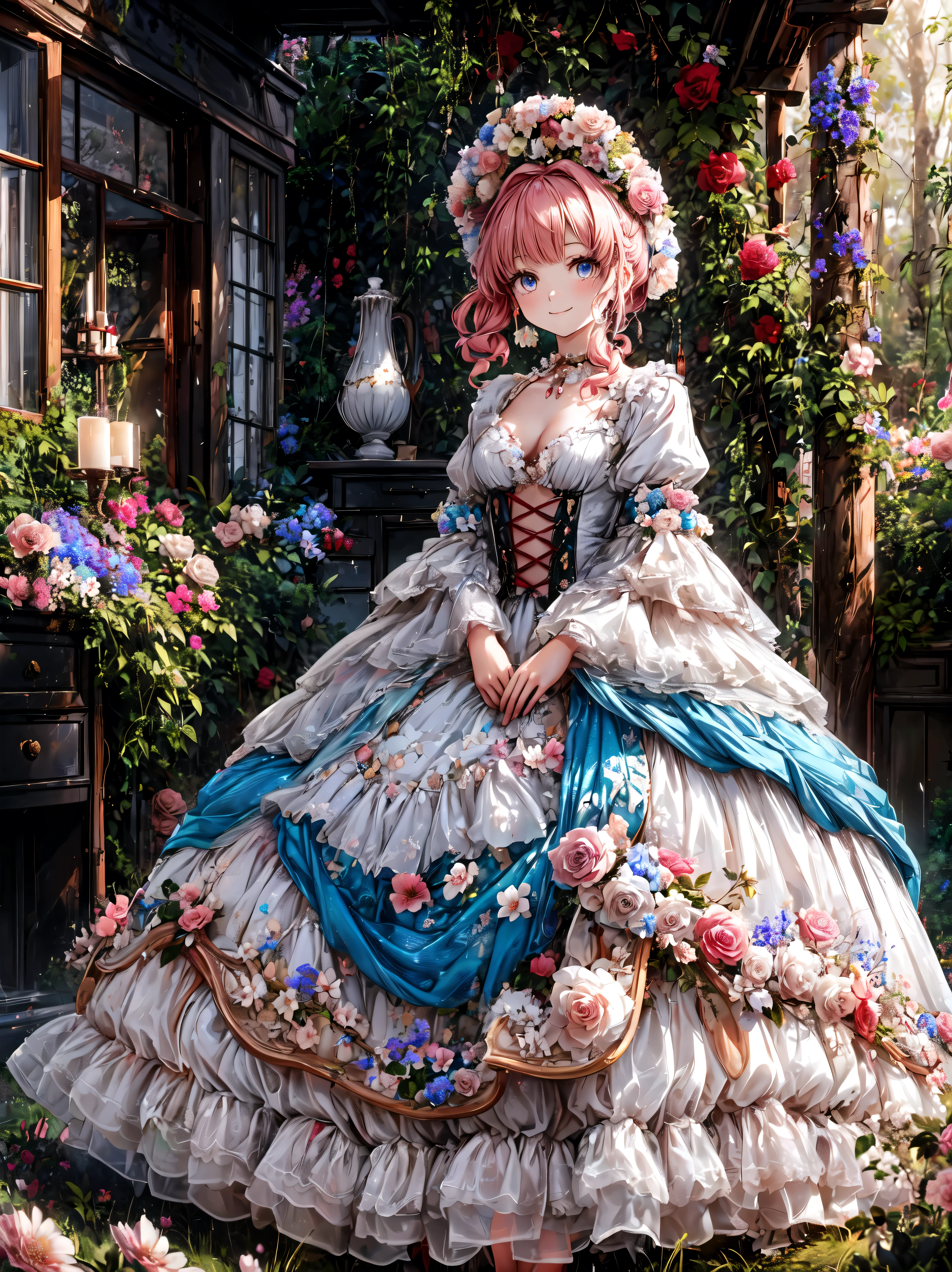Lady, Curly Hair,  ponytail,  floral crinoline hoop skirt,  Red Petticoat Dress , ((( big size))), hyper detailed beautiful eyes, bonnet, Fluffy, pink hair, ((smile)), downblouse, loose t-shirt,  light particles, Retro, forest, ((nature)), ( in the woods ), (((A decayed small room in the forest surrounded by flowers ))), sofa, ((Lots of colorful flowers)), (Flowing Petals),  sunlight filtering through the trees,  Shallow Depth of Field ,  film grain, landscape, light sparkles, light leaks, (anime moe art style:1.3), ((Superbly detailed drawing, ultra detailed, exquisite quality, absolutely resolution)),