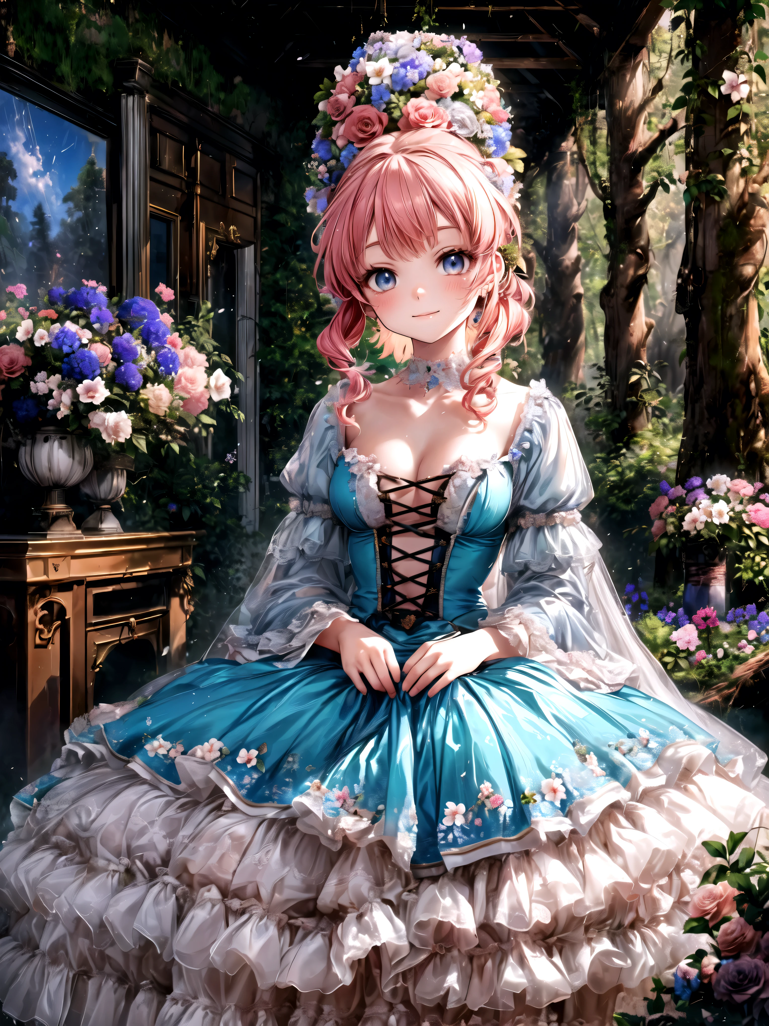 solo princess , Curly Hair, ponytail, floral crinoline hoop skirt, Red Petticoat Dress , ((( big size))), hyper detailed beautiful eyes, bonnet, Fluffy, pink hair, ((smile)), downblouse, loose t-shirt, light particles, Retro, forest, ((nature)), ( in the woods ), (((A decayed small room in the forest surrounded by flowers ))), sofa, ((Lots of colorful flowers)), (Flowing Petals), sunlight filtering through the trees, Shallow Depth of Field , film grain, landscape, light sparkles, light leaks, (anime moe art style:1.3), ((Superbly detailed drawing, ultra detailed, exquisite quality, absolutely resolution)),