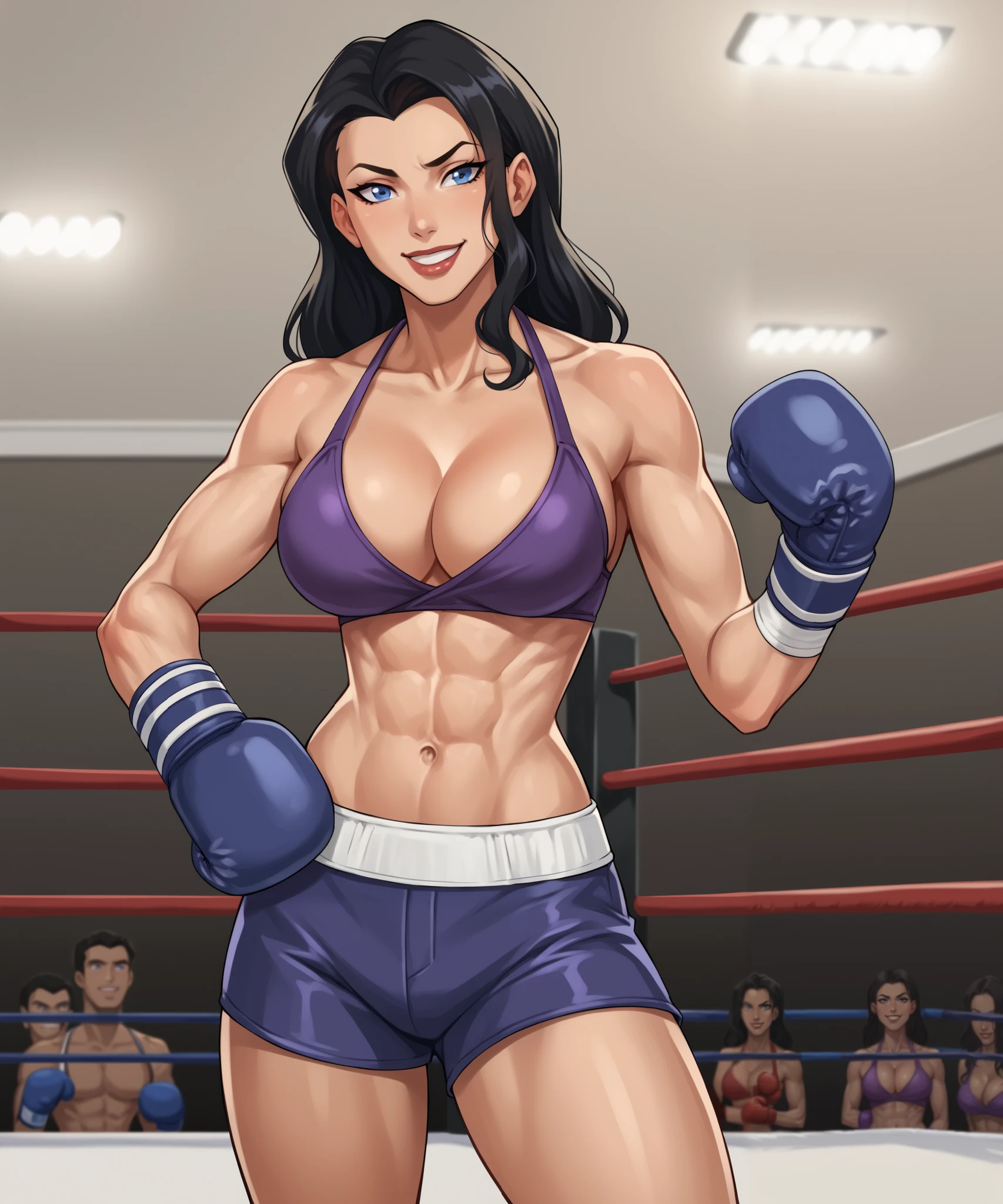 safe_pos, PonyXLV6_Scores BREAK ((parody style, parody), perfect anatomy, perfect eyes, cowboy shot), BREAK zatanna, black hair, blue eyes, flirting, raised eyebrow, ((looking at viewer)), purple boxing shorts, cleavage, purple boxing gloves, curvy, toned, athletic, large breasts, standing, boxing ring, indoors, gym, muscles, purple bikini top, smiling, seductive pose, hand on hip