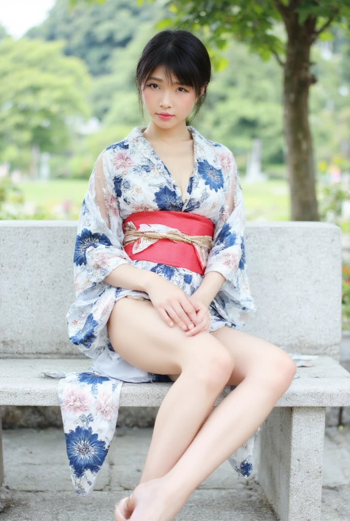 a close up of a woman in a kimono sitting on a bench, in kimono, in a kimono, wearing kimono, Japanese Models, wearing a kimono, wearing royal kimono, kimono, Young sexy photo idol, pale and coloured kimono, young and beautiful photo idols , Premium photo idol , young and thin photo idol , sakimichan hdri, Double penetration