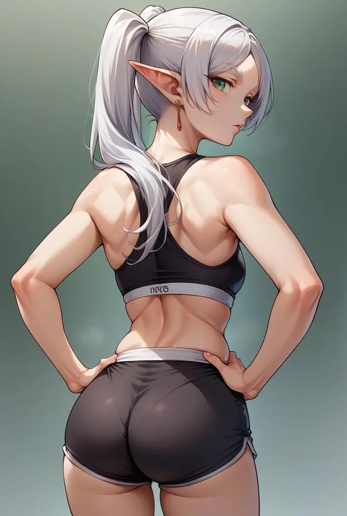 score_9, score_8_up, source_anime, 1girl, solo, Frieren, green eyes, white hair, long hair, twintails, earrings, from behind, looking back, hands on hips, sports bra, black shorts, ass, <lora:ChamFrierenPonyXLCame-000008:1>