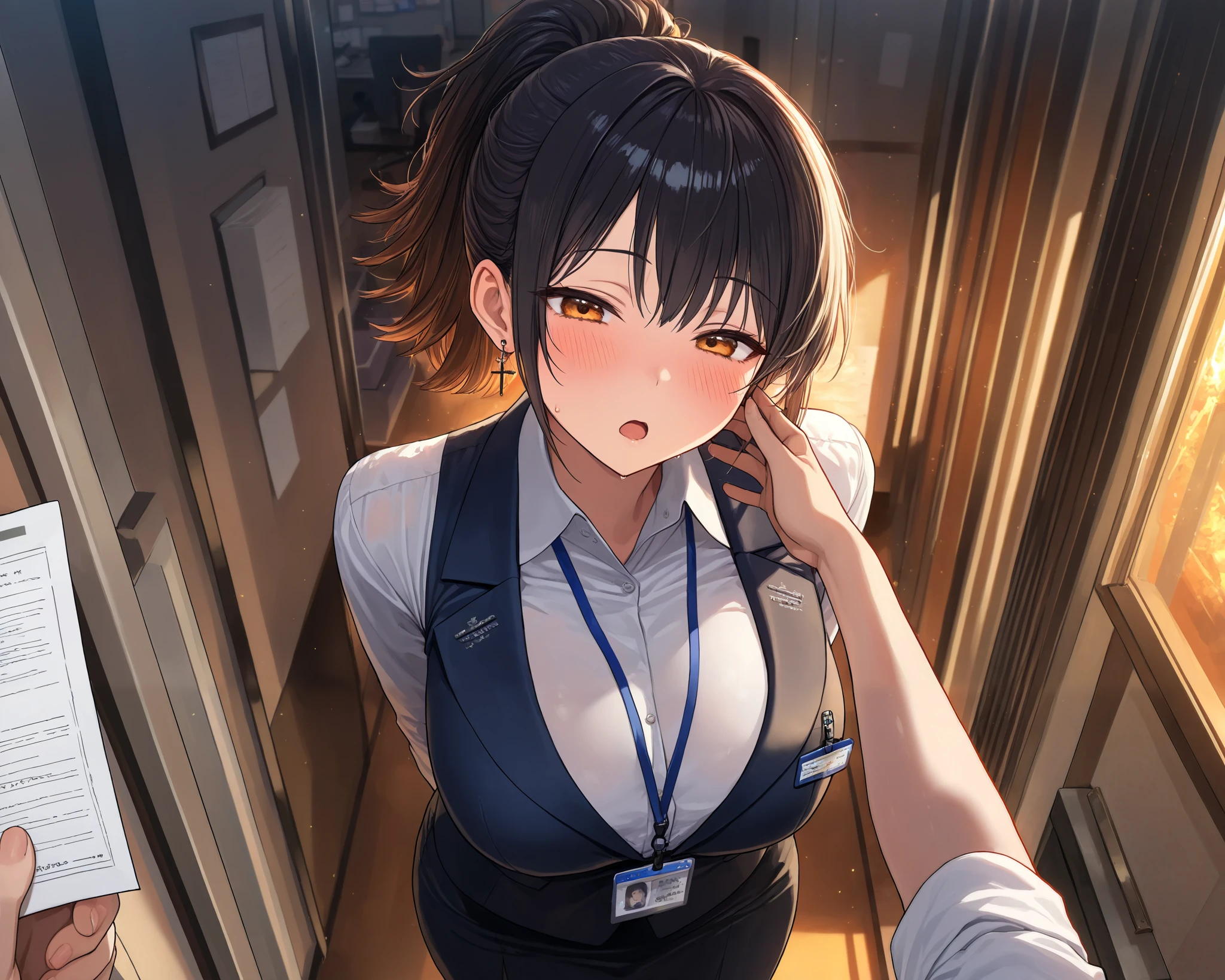Lean against the wall, Surprised expression, open mouth, Turn your face to the side, arms behind back, half closed eyes, orange eyes, very cute face, cute girl, solo, short hair, ponytail hair, ((Black hair with brown ends)), large breasts, office uniform costume, id card, cross Pierced earrings, blush, curvy beauty, Documents, indoors, Hot water room, office, flawless smooth skin, particles, fractal, pov hug, (best quality,4k,8k,highres,masterpiece:1.2),ultra-detailed,intricate details, high fashion, dramatic lighting, warm colors, chiaroscuro