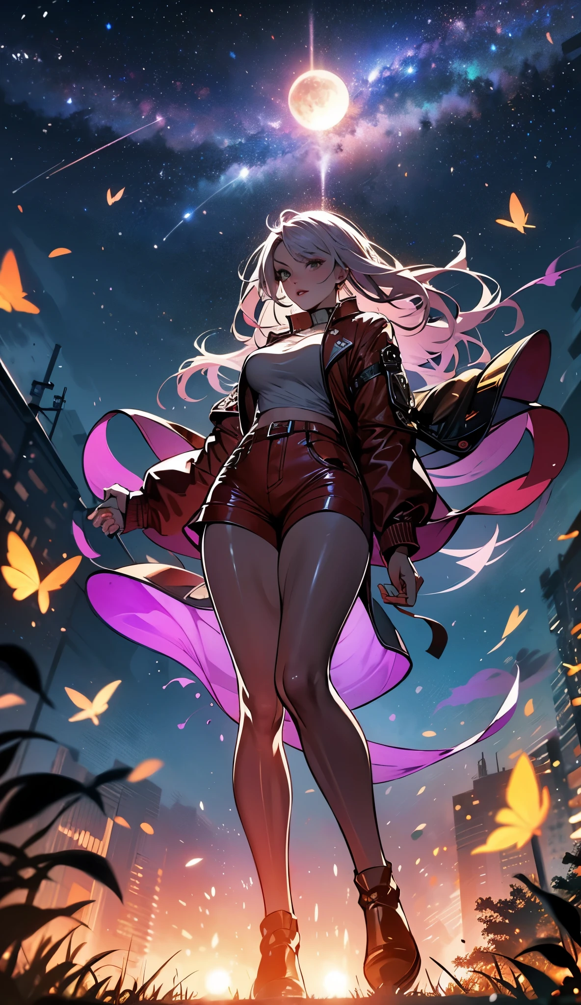 expansive landscape photograph , (a view from below that shows sky above and open field below), a girl standing on flower field looking up, full body (full moon:1.2), ( shooting stars:0.9), (nebula:1.3), distant mountain, tree BREAK
production art, (warm light source:1.2), (Firefly:1.2), lamp, lot of purple and orange, intricate details, volumetric lighting BREAK
(masterpiece:1.2), (best quality), 4k, ultra-detailed, (dynamic composition:1.4), highly detailed, colorful details,( iridescent colors:1.2), (glowing lighting, atmospheric lighting), dreamy, magical, (solo:1.2)