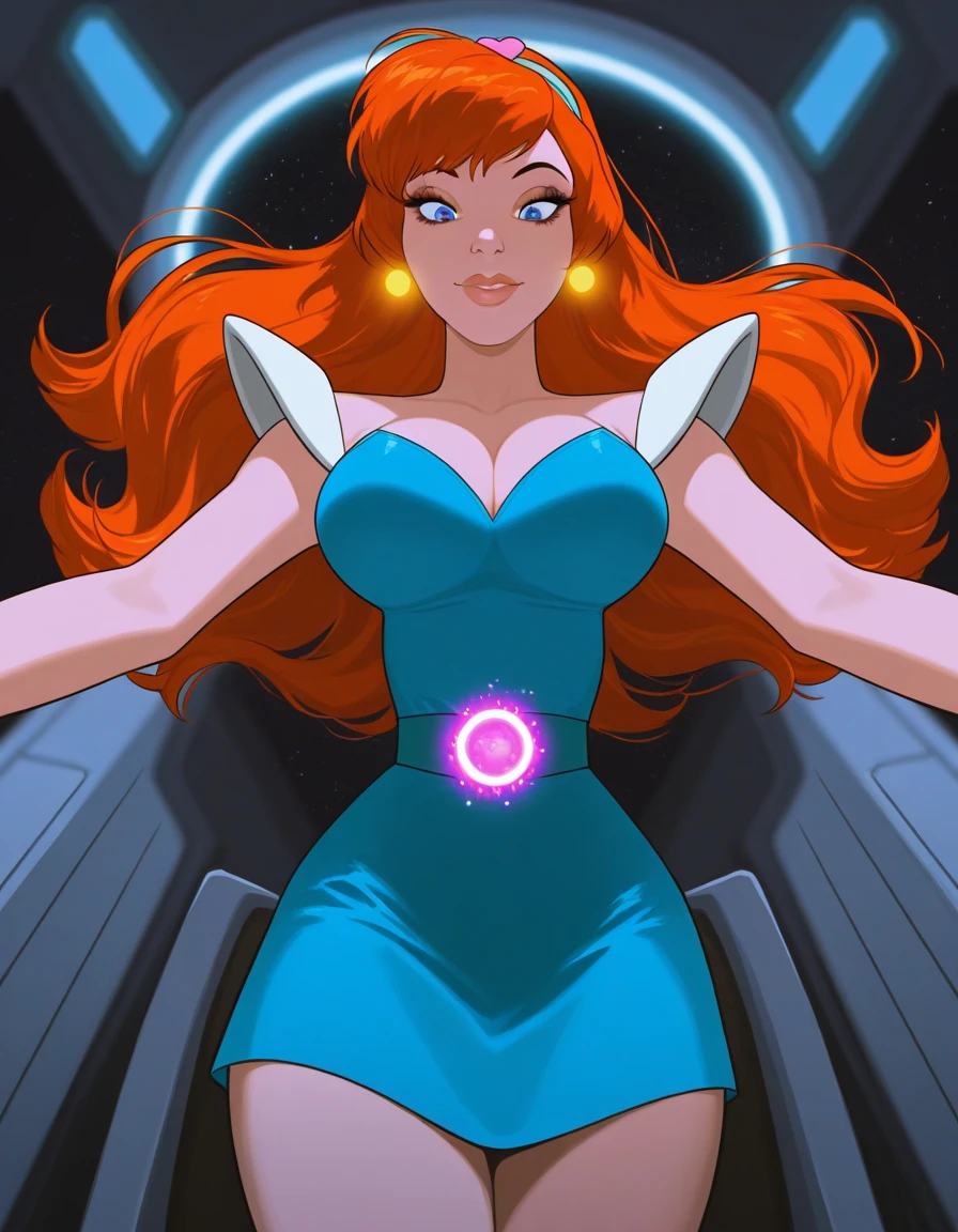 masterpiece, best quality, 1girl, solo, KimberlySpaceAce, looking at viewer, aqua short dress, running, aqua boots, scared, action scene, speed lines, inside a futuristic space station, <lora:Kimberly_SpaceAceV1.1:1>