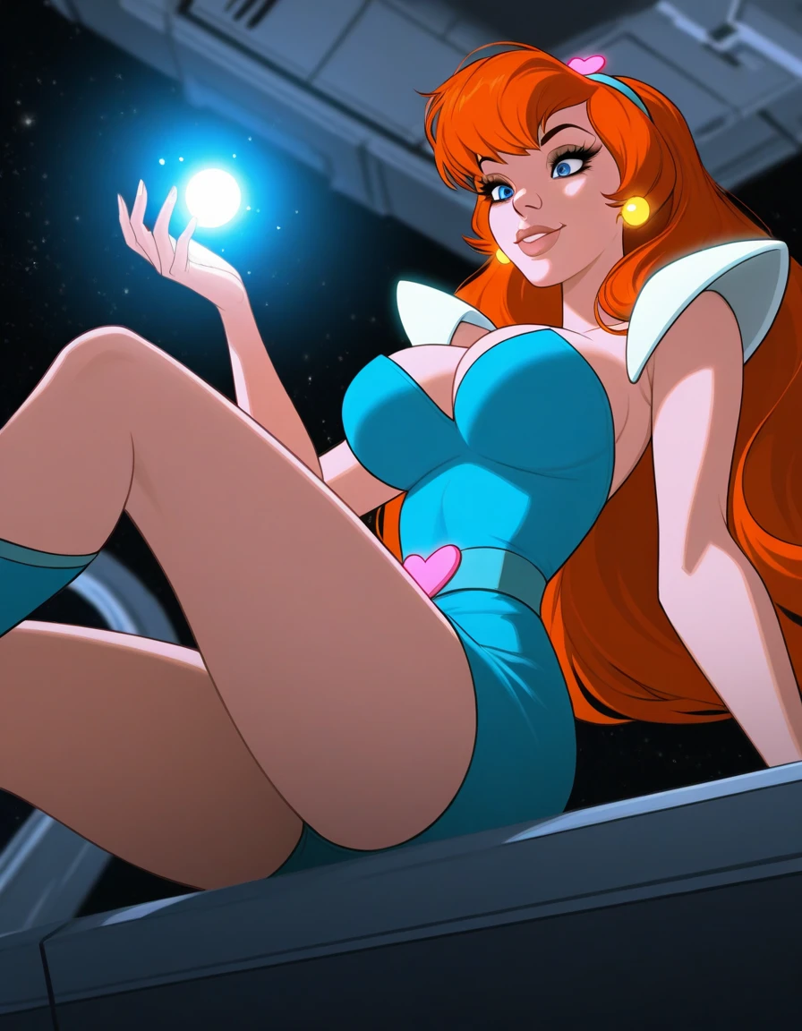 1950s retro comic, slender space girl with a close-fitting astronaut suit, large breasts, cleavage, camel toe, she looks at the camera, background: planets, nebula, stars, spaceships