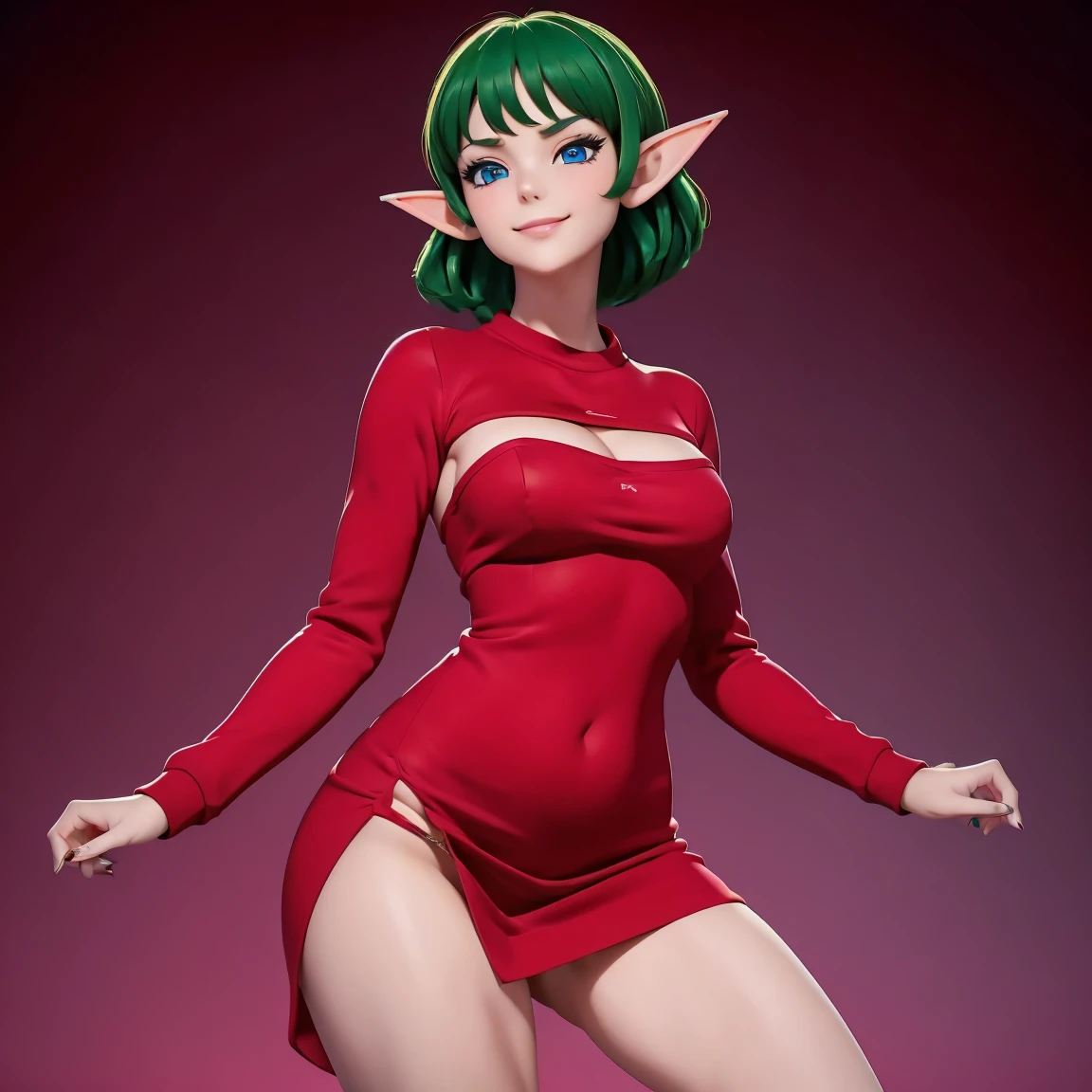 ((masterpiece,best quality,ultra-delicate,Perfect Face,16k,high resolution,very beautiful girl)),medium short green hair,Red strapless bodycon tube dress with huge red bow ,Red long arm sleeves,red high heels,Elf Girl,large Breasts,blue eyes,Beautiful smile,20 years old