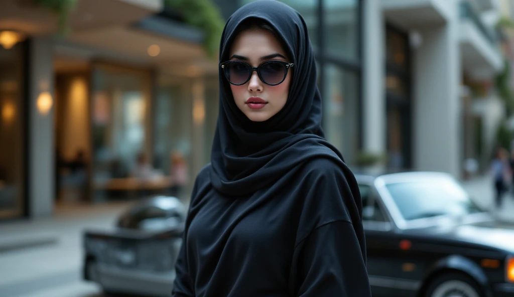 (masterpiece:1.2, best quality), 8k,Sharp focus, 1 cool adult woman in hijab posing infront on a yatch, long and waving hijab, windy, Wearing sunglasses, Wearing a black suit with a white shirt and tie,Dynamic pose, Night city background with beautiful lighting, bokeh, close up ,Prores lense, Low angle shot, Desaturated color grading, rear projection, Tungsten light, Dynamic shadows, indie