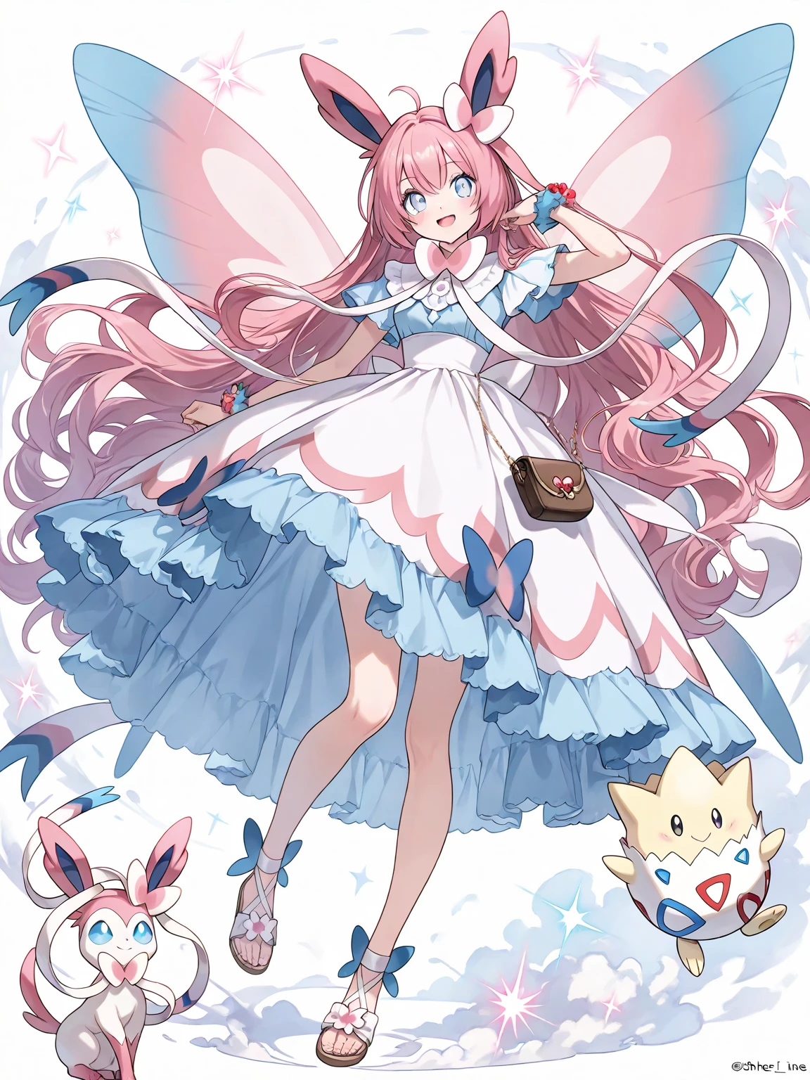 Digital illustration of a humanized Sylveon (Ninfia) in an anime style:
Character:
Young girl, around 15-
Slender build with graceful posture
Pale skin with a slight pink tint
Face and Hair:
Large, expressive blue eyes with long eyelashes
Small nose and pink, smiling lips
Long, flowing hair in pastel pink and white, styled to resemble Sylveon's ears and ribbons
Two longer strands of hair extending like Sylveon's ribbon-like feelers, ending in blue tips
Outfit:
White and pink frilly dress with layers resembling Sylveon's fur patterns
Light blue bow at the collar
Detached sleeves in white and pink, reminiscent of Sylveon's legs
Thigh-high stockings in pale pink
Mary Jane shoes in a darker pink shade
Accessories:
Ribbon choker with a blue gem, similar to Sylveon's neck bow
Hair accessories shaped like Sylveon's ear bows
Small, fairy-like wings on the back, nearly transparent with a slight shimmer
Pose:
Three-quarter view, slightly angled
One hand raised near the face in a playful gesture
Gentle, friendly smile
Standing on tiptoes, as if about to twirl
Background:
Soft, pastel-colored backdrop suggesting a magical forest or fairyland
Subtle sparkles and stars floating around the character
Lighting:
Soft, diffused lighting creating a dreamy atmosphere
Subtle glow around the character, emphasizing her fairy-like nature
Style:
Anime-inspired art with clean lines and vibrant colors
Emphasis on cuteness and magical girl aesthetics
Smooth color transitions and subtle shading
Color palette:
Predominantly white and various shades of pink
Accents of light blue and pale yellow
Pastel background colors
Additional details:
Faint, ribbon-like aura surrounding the character
Sparkles in her eyes and around her hair
Small star and moon shapes incorporated into the design elements
Overall impression:
A cute, magical girl interpretation of Sylveon
Balance between human features and Pokémon-inspired elements
Whimsical and enchanting atmosphere