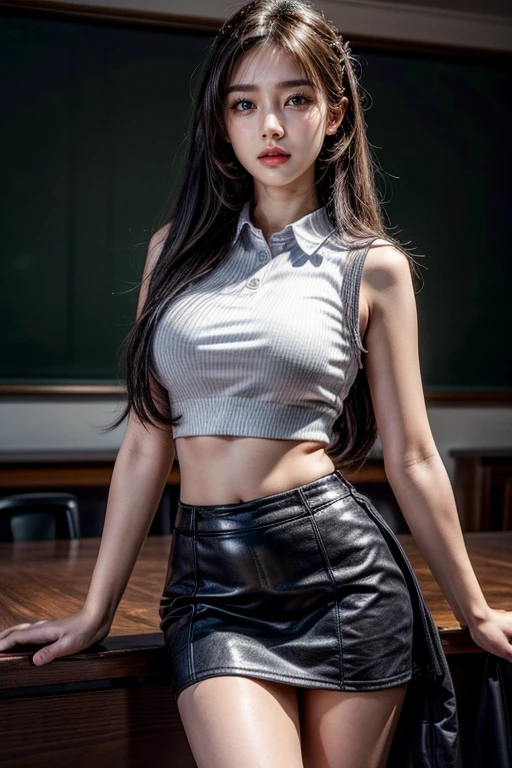 a beautiful Korean young college girl, (((20 years young girl))), detailed face with beautiful eyes and lips, long black hair, stylish hair, hair pin, romantic Eyes, beautiful eyes, smiley face, happy face, glow face, super round young breasts, ((romantic navel)), beautiful realistic knees, glow skin, bright skin, realistic skin, realistic smile, cutest smile, realistic body, one hand playing with hair, another hand on hip angle, Purple colour, college uniform, (uniform shirt), college bag, very big college classroom, desk, blackboard, students, youth skirt, detailed youth dress, stylish dress, stylish uniform, stylish skirt, stylish look, stylish angle, photorealistic, realistic, masterpiece, ultra-detailed,8k, (best quality,8k,highres,masterpiece:1.2),ultra-detailed,(realistic,photorealistic,photo-realistic:1.37), highly detailed, cinematic lighting, vibrant colors, warm tones, masterpiece,highres,warm lighting, vibrant colors, soft focus, elegant, cinematic, highly detailed, professional digital art, UHD, Ultra HD, ultra realistic, hyper realistic, ultra sharp, vivid, realistic atmosphere, Beautiful rally atmosphere in background, beautiful background, detailed background, hyper-detailed background, cinematic photography, award winning Photography, Very High Resolution picture quality, full-body shot,