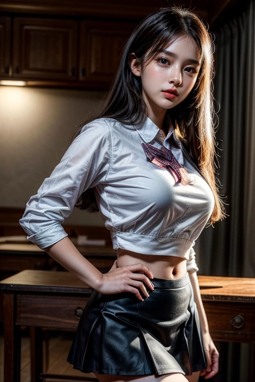 (8ก,high resolution,Masterpiece, best quality, alone, complicated details, Chromatic aberration), realistic, ((middle bust)), hair in one eye, big round hoop earrings, Diamond choker, Gold Necklace, silver necklace, small watch, bangle, bracelet, bangleข้อเท้า, waist necklace, (symmetrical eyes),(Perfect symmetrical body), (Photo of a beautiful teenage girl of 24 years old), Beautiful and charming with contemporary fashion paintings as well..., looking at the audience, ((Behind the scenes of a large classroom)), (black short skirt), (((Wear a blue shirt over it..., ((white short sleeve, Open chest shirt), ((Open the shirt to show a little chest., no bra,)), (), (Sagging breasts.))), (()), (Long square leather belt buckle), ((Put your hands down.)), (Bob, medium length hair, pinch, Side flatness, brass colored hair, (There is a thin layer of hair covering the face...)), sharp eyeliner, eyelid, Blush, have thick eyelashes, sharp eyes, purple eyes, pink cheeks, Very delicate and beautiful, round chin, Sharp focus, elegant, (Open your legs on the study table...), (Sit facing out and looking at the camera...), (Open your legs and lift your right leg over your left leg...), (), It&#39;s an attractive example., (Sagging breasts.)
(naked vest)