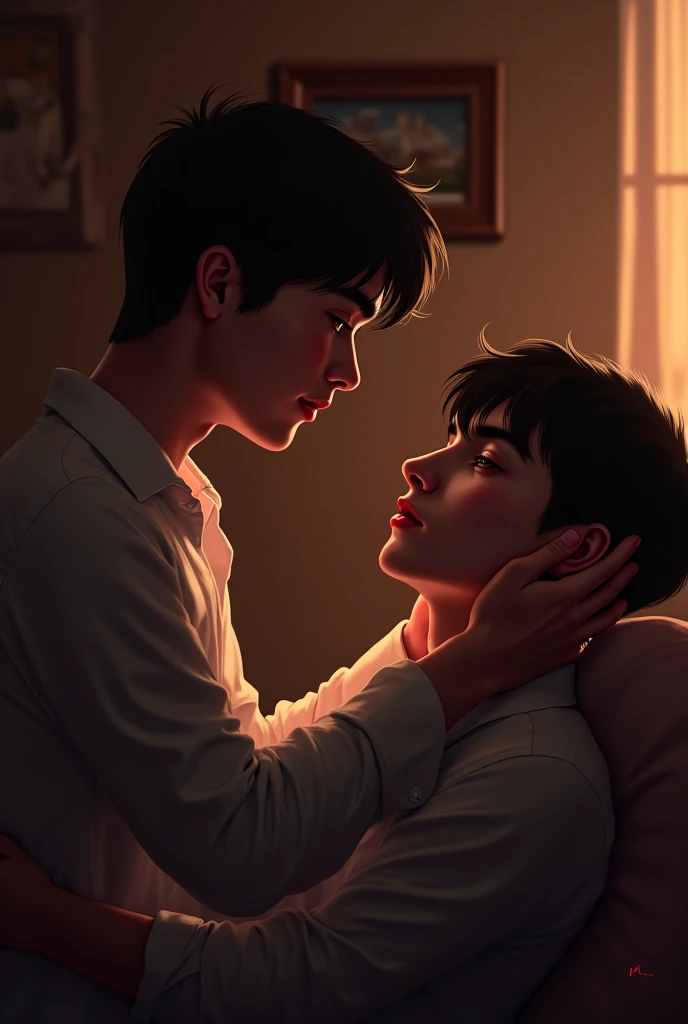 Two men kissing and hugging each other