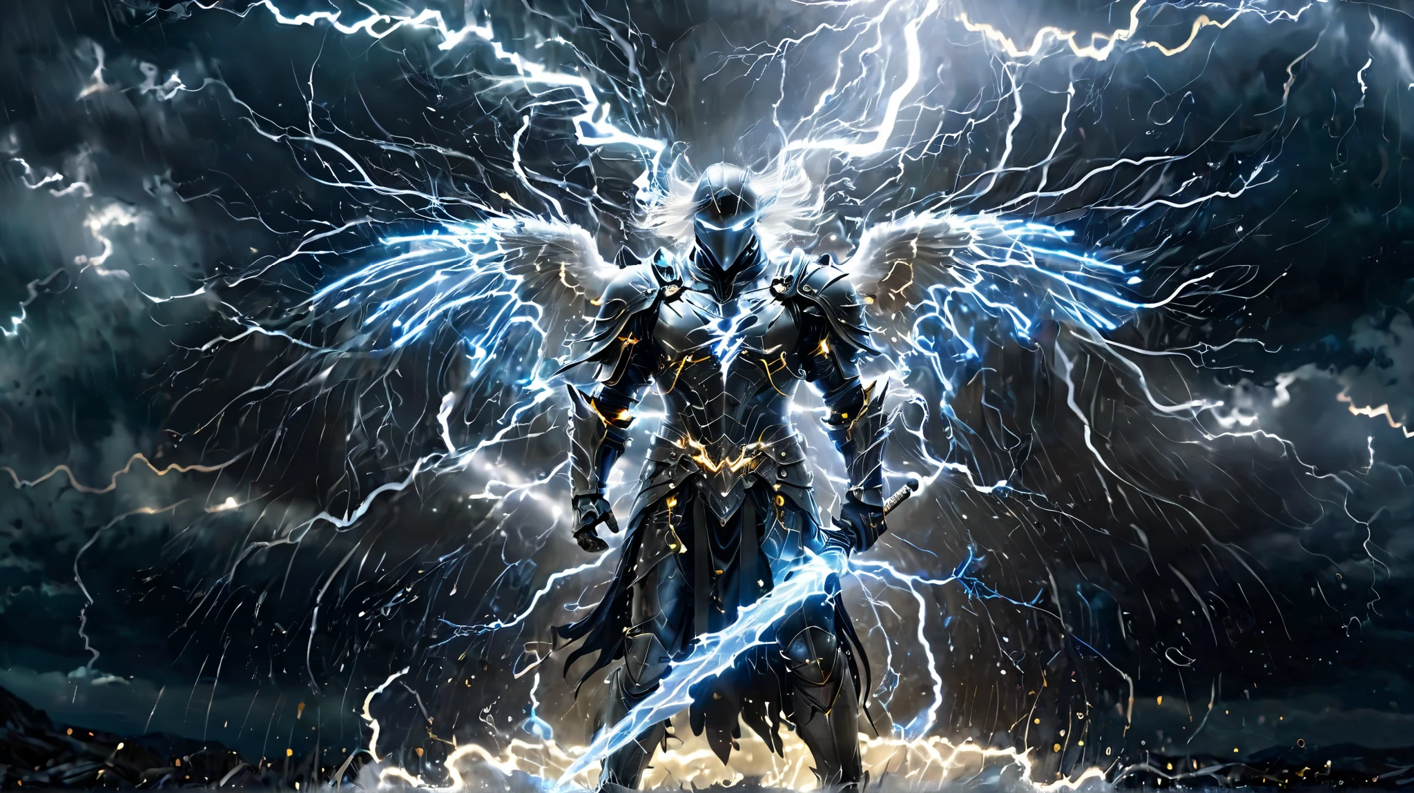 A knight with a magic sword ,Archangel wings ,composed of elements of thunder,thunder,electricity, Its shape is almost tangible ,( with a soft glow emanating from its smooth contours :1.2),The surroundings are subtly distorted through their ethereal presence,Creating a dreamlike environment,White Lightning,(Surrounded by thunder and lightning elemental magic:1.3),