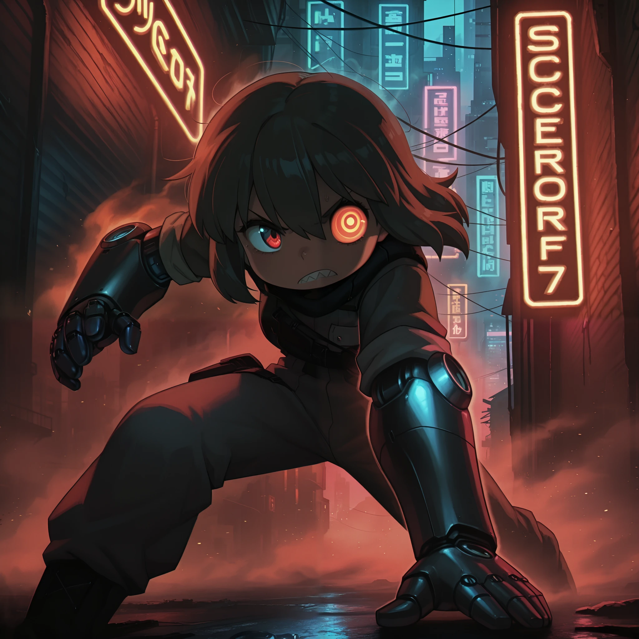 masterpiece, best quality, amazing quality, very aesthetic, high resolution, ultra-detailed, absurdres, newest, Anime screencap, highly detailed, high quality, hyper-Detailed, mistico_IL. BREAK.
1girl, solo, cybernetic arm, one cybernetic eye, one normal eye, short hair, shiny tooth, steam rising from the ground, futuristic, dystopian, neon lights, dark alley, gritty, urban, mysterious, powerful, confident, determined, isolated, alone, strength, resilience, technology, advanced, mechanical, robotic, enhanced, human, cyborg, augmented, futuristic city, neon signs, shadows, mist, fog, eerie, atmospheric, intense, dramatic, sci-fi, action, adventure, heroine, warrior, survivor, post-apocalyptic, cyberpunk, industrial, abandoned, desolate.