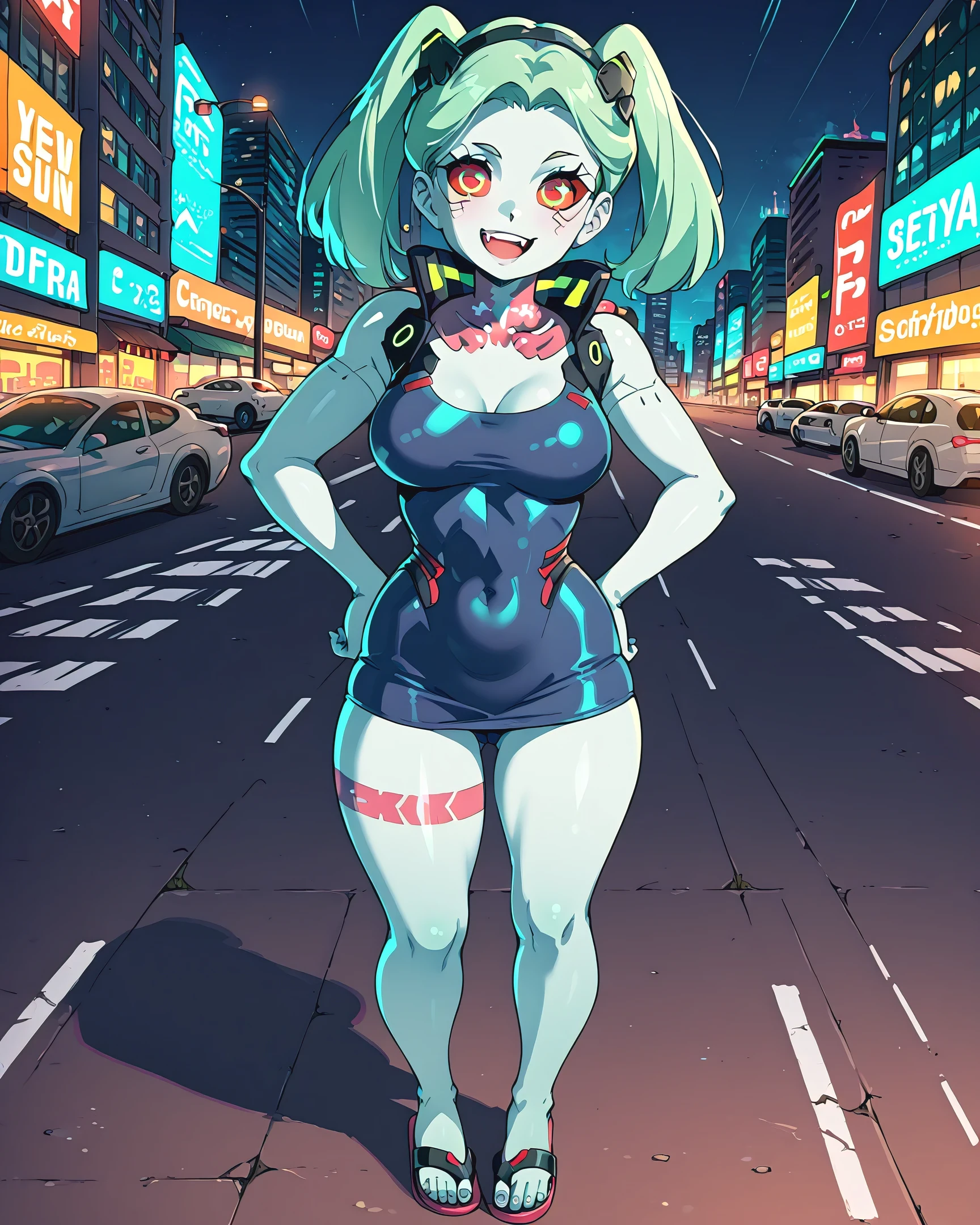 masterpiece, best quality, highres, NSFW, 1girl, rebecca \(cyberpunk\), solo, {detailed eyes, eye focus, matching eyes, colored sclera, red sclera, short eyelashes, colored skin, canine teeth, white skin, leg tattoo, neck tattoo, green hair, pixie cut hair, fang, red pupils, skin fang, red eyes, busty chest, short girl}, {standing, meadow, outskirts of city}, {flipflops, standing, sports bra, panties, skin tight dress, full body, smile}