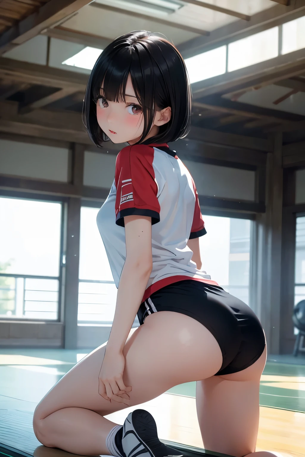 pieces fly、masterpiece、highest quality、Super detailed、High resolution、High resolution、8K portrait、Unity 8k壁紙のHigh resolutionCG、unity 8k wallpaper、cute type little:1.5、:1.5、Highly detailed CG unity 8k wallpaper、realistic、real person、cute type little、 portrait photography、shiny skin、High resolution、(:1.2)、(1 girl)、beautiful clear eyes、very detailed explanation、delicate face、nice lips、slender body、Same with big breasts thin waist、narrow athletics track:1.6)、1 girl, cute type, perfect face, seriously, (blush:1.5),Same with big breasts,((Short sleeve gym clothes:1.2)), ((asshole big anus:1.3)), Detailed description vagina,Show butt hole、distress, blush:1.5, think back:1.5, (open anus:1.7),((retrospective perspective:1.5))、