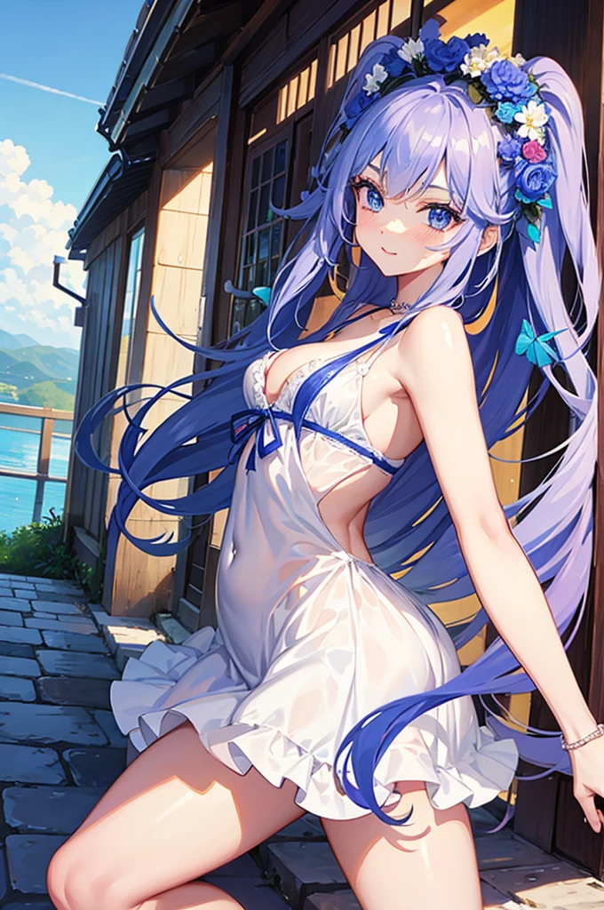 beautiful girl smile Hibiscus flower blue sea Petals fluttering