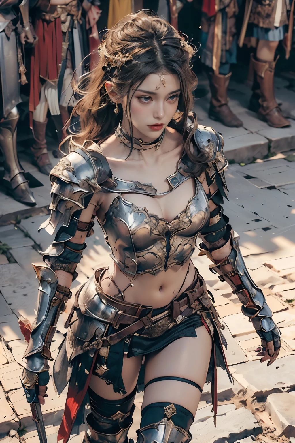best quality, masterpiece, high resolution, 1girl, battlefield background, pink ancient chinese metal armor, metal collar, ancient sword, hair ornament, necklace, jewelry, beautiful face, small head,upon_body, tyndall effect, realistic, edge lighting, duotone lighting, (high detail skin:1.2), 8k ultra hd, dslr camera, soft lighting, high quality, volumetric lighting, frank, photos, high resolution, 4k, 8k, bokeh, pink metal skinny armor, ancient sword, glow, Chest embroidery, metal cuirass, skinny, exposed abdomen, weapons, short bracers, stockings, lace, --auto