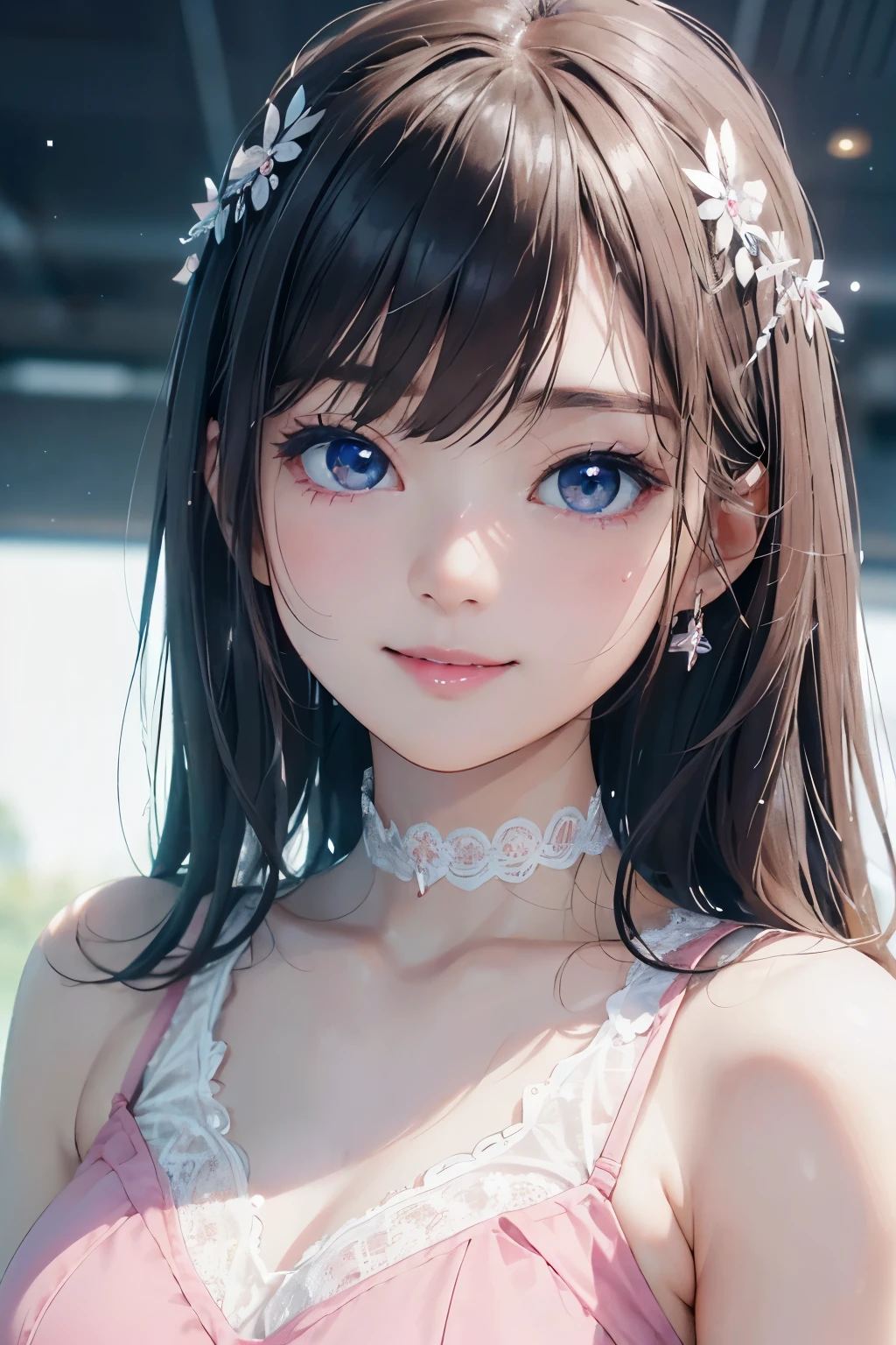 masterpiece, highest quality, One Girl, Thighs, beautiful girl, Flowers, たくさんの小さなflowerびら, flower、Small waist, RAWphotograph,Bright lighting、Face Light, Ultra-realistic, High resolution, photograph, Sharp focus, Highly detailed eyes and face,Symmetrical face, whole body、Large Breasts、Long Hair、チラリと見えるThighs、Cleavage、Red Micro andals、White lace shirt、Sleeveless、Her hair was tied with a big red ribbon、White high heels、After bath、Public bath