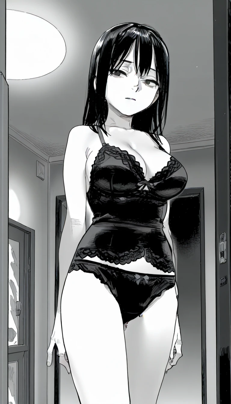 Akane tendo, cabello azul marino largo, lace thong, lace black babydoll, bedroom, anocher