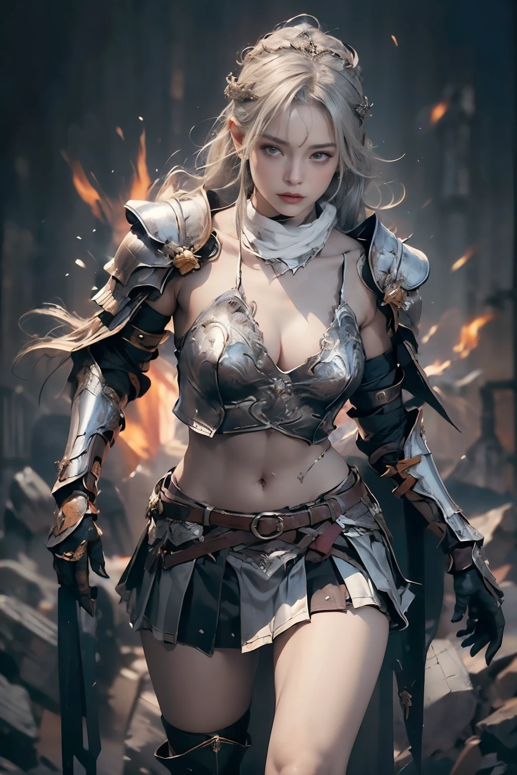 Sexy woman in white gold and pink lotus lace armor skirt, Chengwei Pan at Art Station, Jan J, Detailed fantasy art, Amazing character art, Fan Art Best Art Station, Magnificent and elaborate character art, Beautiful Armor, Highly detailed art gems, Detailed digital anime art, Art Station pixiv&#39;s artgerm, Girl in Armor, Cleavage Big Tits:1.2, (mini skirt:1,5)、Sexy proportions、Cleavage Emphasis、Emphasizing the beauty of your legs、