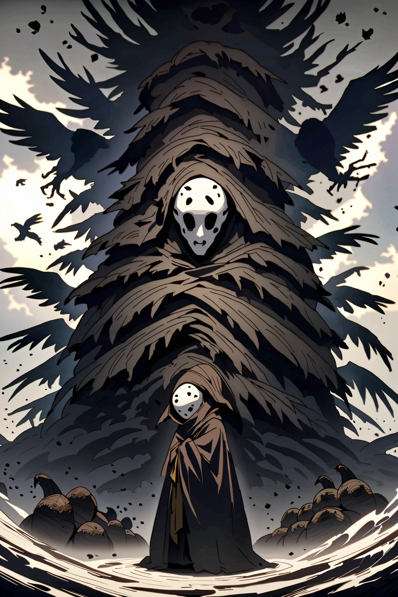Appearance
Its shape is that of a humanoid silhouette with multiple black wings , but his body is composed of thousands of crows in constant motion . Its face is hidden behind a wooden mask with a single eye open in the center of the forehead. Sometimes he looks like a monk wrapped in torn robes , but when you approach , its body crumbles into a cloud of scavengers that devour everything in its path .