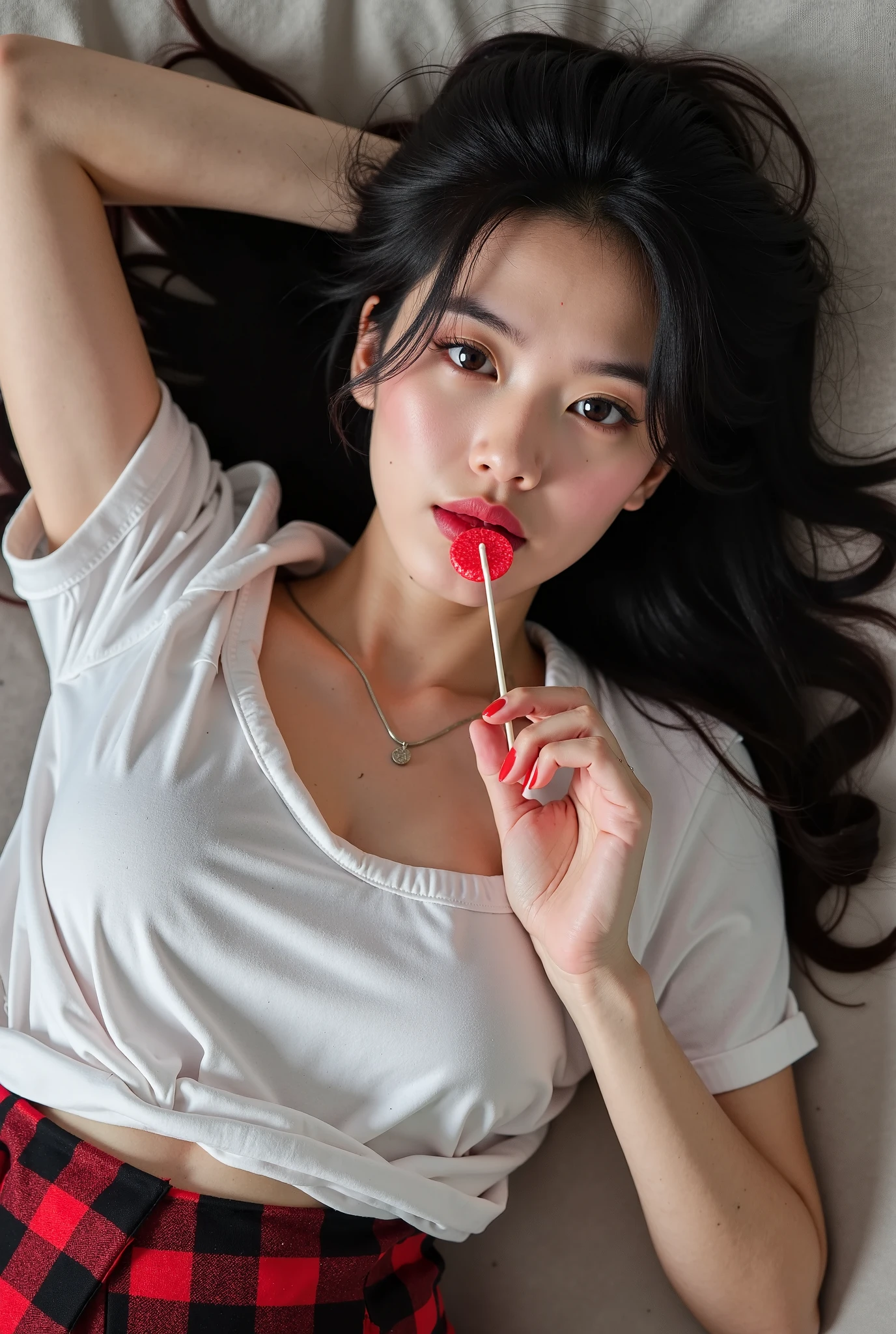 ((best quality)), sitting pose, (solid background), asian women, wearing white tshirt, raw photography, ((holding cosmetic)), ((detailed)), clean armpit, perfect face, 4k quality, hold a product. left hand showing armpit, right hand holding lipstick, wall background, while holding a small thing
