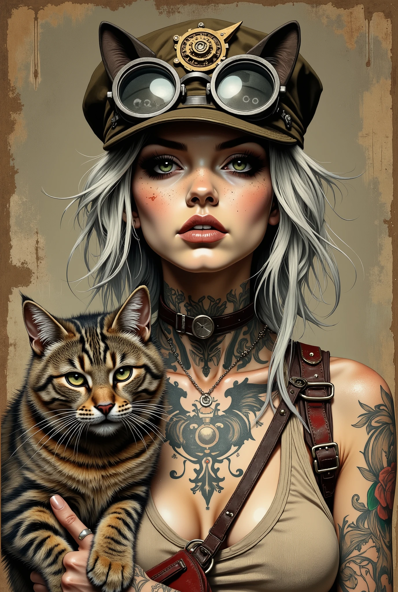 A girl with ash-white hair, aged 20-30 years, of European appearance, with expressive features and noticeable freckles. She wears a stylized military-colored cap with cat ears. Large steampunk glasses are worn over the cap. Incredibly beautiful almond-shaped eyes of light green color with fluffy eyelashes are arrogantly narrowed. The girl's gaze is directed directly at the viewer. Her lips are plump and sensual with beige nude lipstick. The girl is wearing a light brown or beige tight-fitting tank top with a lot of tattoos on her neck, chest and shoulders, mostly in dark colors (black, gray). She also shows a red pouch or a sling on her chest. She holds a gray-red tabby cat in her arms. The cat looks straight ahead, with green eyes. The girl smokes a cigarette. The overall impression is a photorealistic style, fashionable, daring, with detailed images of tattoos and accessories. The color palette is predominantly warm brown, beige, gray and red. The light falls from the front and right, highlighting the details and texture of skin, hair, and tattoos, creating a distinct three-dimensional space. The girl is in the center of the frame, and the cat is in the center of the left part of the frame. The composition focuses on the girl's face and her interaction with the cat.