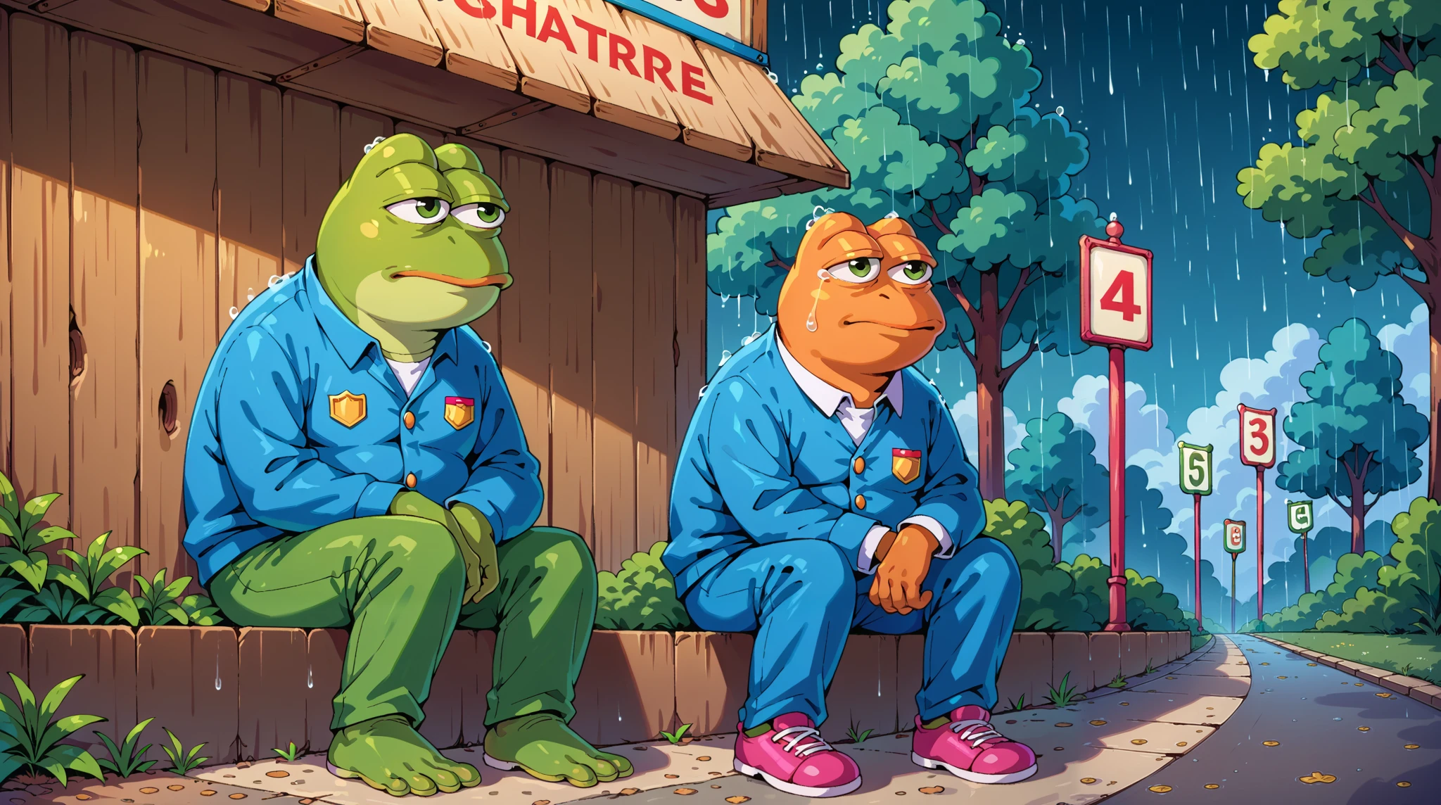 Pepe Frog, Masterpiece, best quality, illustration, evening scene, (1boy:1.4), (anthropomorphic Pepe frog:1.4), (large round green frog head:1.2), (calculating eyes:1.2), (closed mouth with concentration:1.2), no humans, sat in a gutter, under bridge, homeless, sitting on cardboard, crying hysterically, harsh lighting, raining,