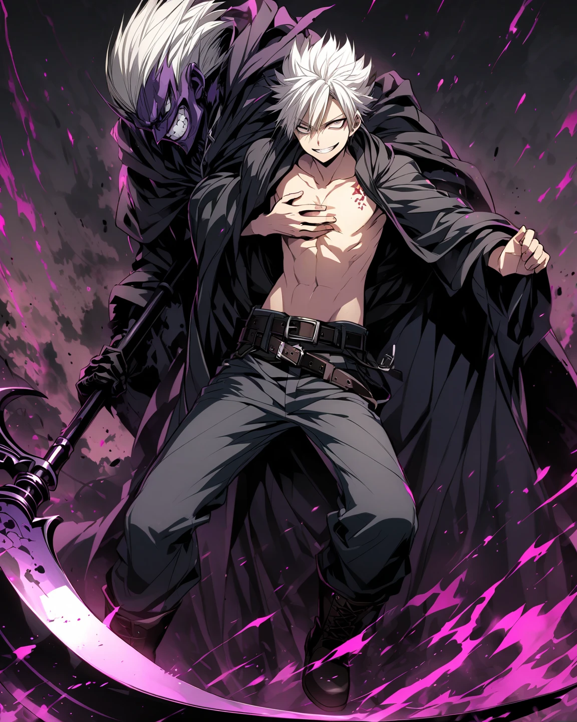 Anime, high detailed, 1 guy, 18 years old guy, mid long white hair, low spiked hair, sharp eyes, black dead eyes, grin, Wearing opened robe (Exposing his  and abdomen), belt, long pants, boots, caring a large scythe, dark  aura around him