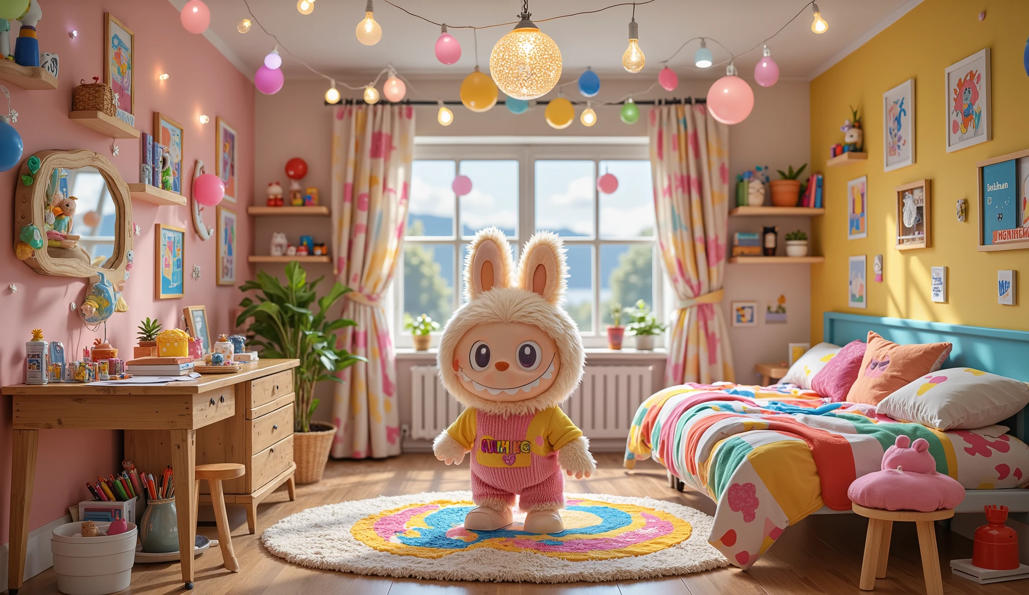 "Labubu is standing in the middle of its colorful bedroom, a wide, mischievous smile on its face. The room is filled with bright, playful decorations that reflect Labubu's cheerful personality. The walls are painted in a mix of soft pastels and bold, vibrant hues, creating a lively atmosphere. Floating shelves hold an assortment of quirky trinkets, small stuffed animals, and storybooks with worn pages. A cozy round bed, covered in a patchwork quilt of different patterns and colors, sits against one wall, surrounded by fluffy pillows in various shapes. Twinkling fairy lights dangle from the ceiling, casting a warm glow across the room. A small wooden desk, cluttered with crayons, papers, and tiny figurines, stands by a large window draped with curtains featuring playful prints. The floor is covered with a soft, rainbow-colored rug, adding to the whimsical charm of the space. Labubu’s joyful energy fills the room, making it feel like a magical little world of its own."



