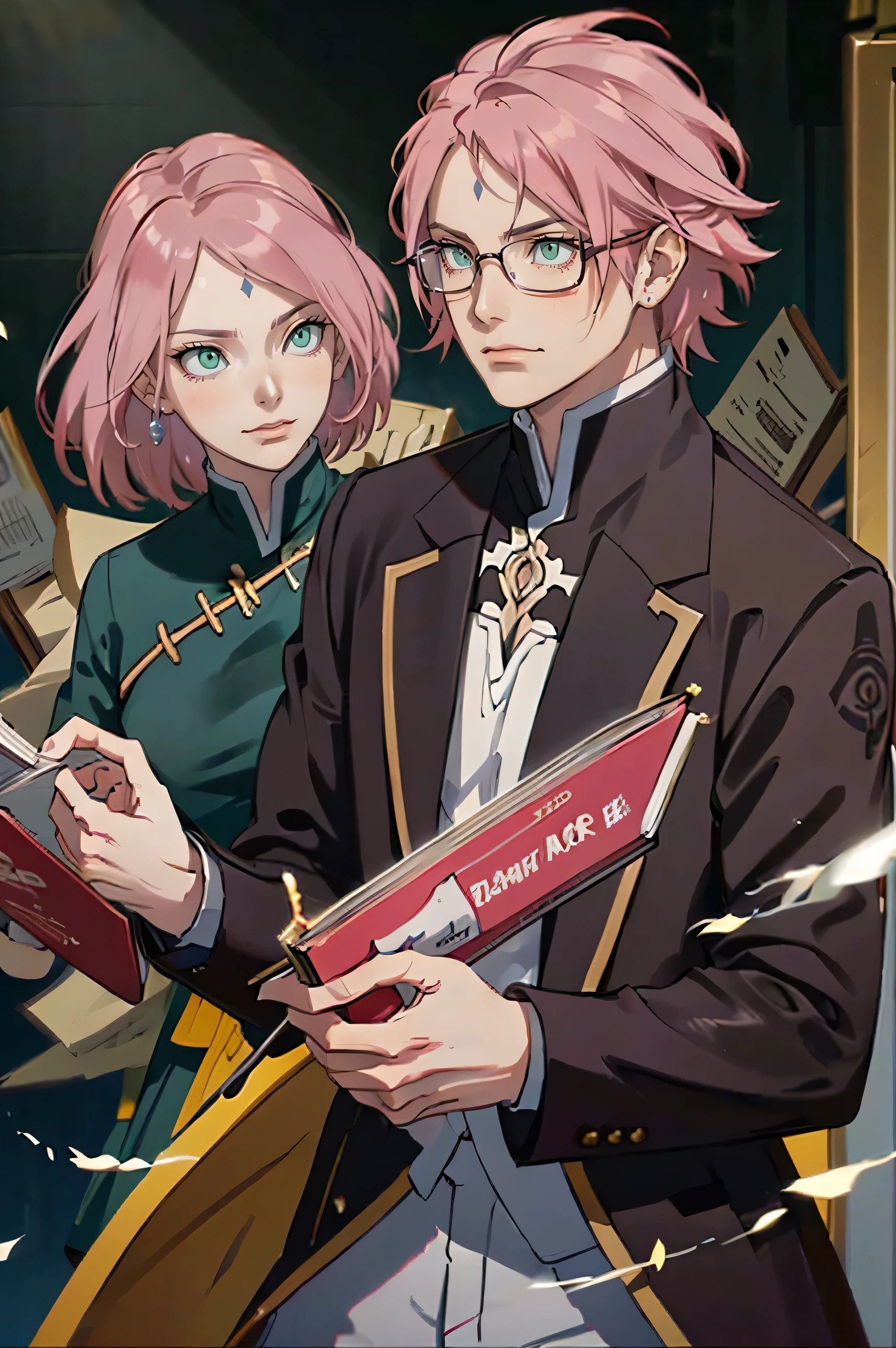 a man with green eyes and pink hair, smiling, smile, wearing glasses, dressed in a dress shirt, with a stern and intellectual face, holding books, 8k, high quality, photorealistic, dramatic lighting, smile, smiling, studio lighting, chiaroscuro, oil painting, intricate details, sharp focus, hyperrealistic, award winning portrait, elegant, sophisticated, intellectual, thoughtful expression