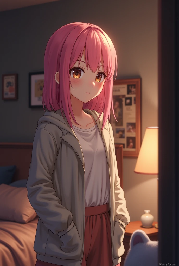 (masterpiece:1.5), (best quality:1.5),(high resolution:1.5),(beautiful pretty cute face:1.3),(beautiful detailed eyes:1.2),(tsurime:1.2), (red eyes:1.2),(upper body:1.4), looking at viewer,(small breasts:1.2),(1girl:1.2),(solo:1.2),embarrassed,(cute pink nipples),bedroom,(leaning forward:1.5),(downblouse:1.2),(loose t-shirt:1.2)
