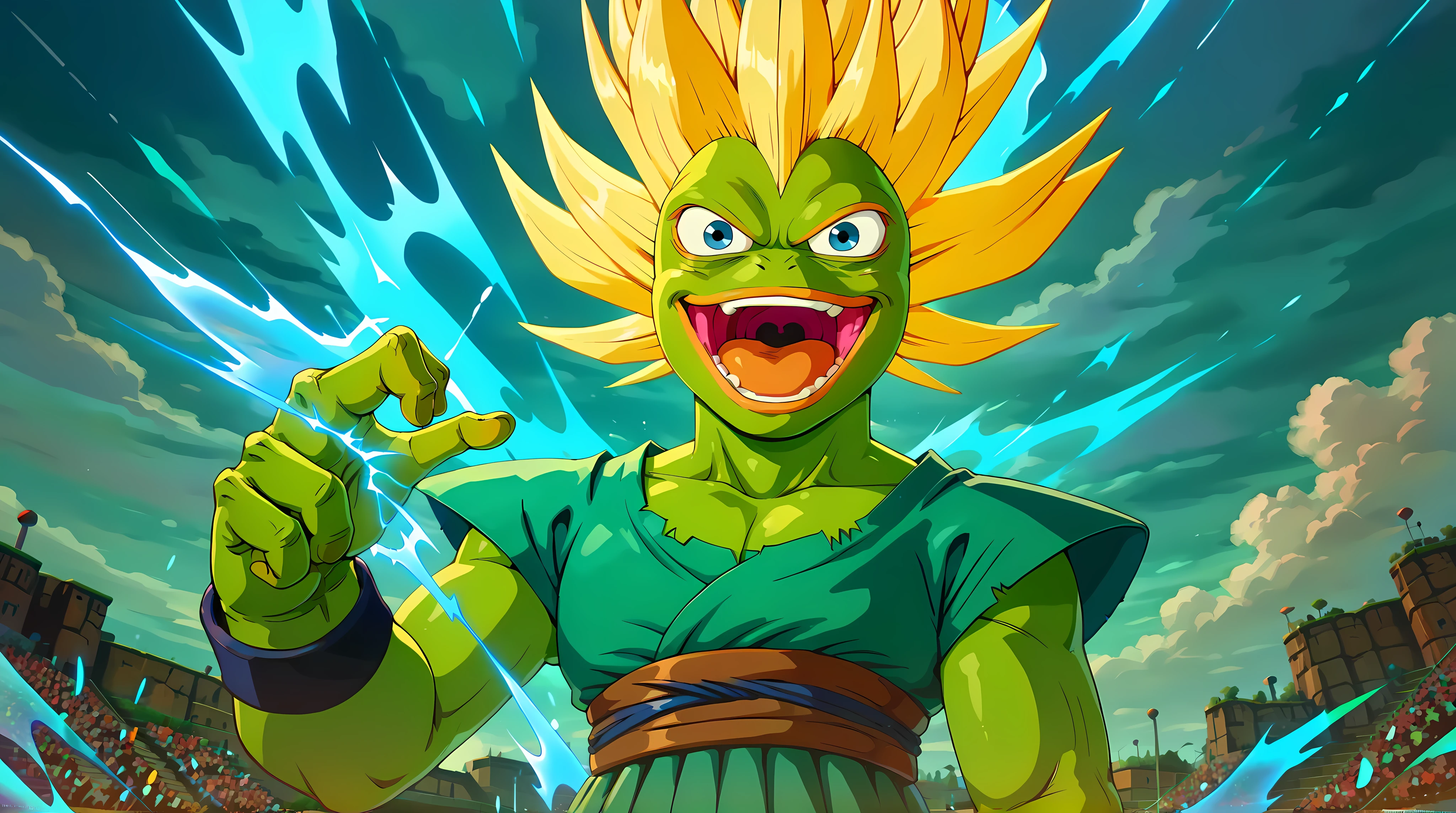 Pepe Frog, Masterpiece, best quality, illustration, anime style, cel shading, solo focus, (1boy:1.4), (anthropomorphic Pepe frog:1.4), (large round green frog head:1.2), (wide-set bulging eyes:1.2), (distinct red wide mouth:1.2), no humans, no anime characters, ascending to Super Saiyan 2, battle damaged gi, sharp golden hair spiking upward, blue electricity arcing across body, crater forming below, storm clouds gathering above, energy shockwaves visible