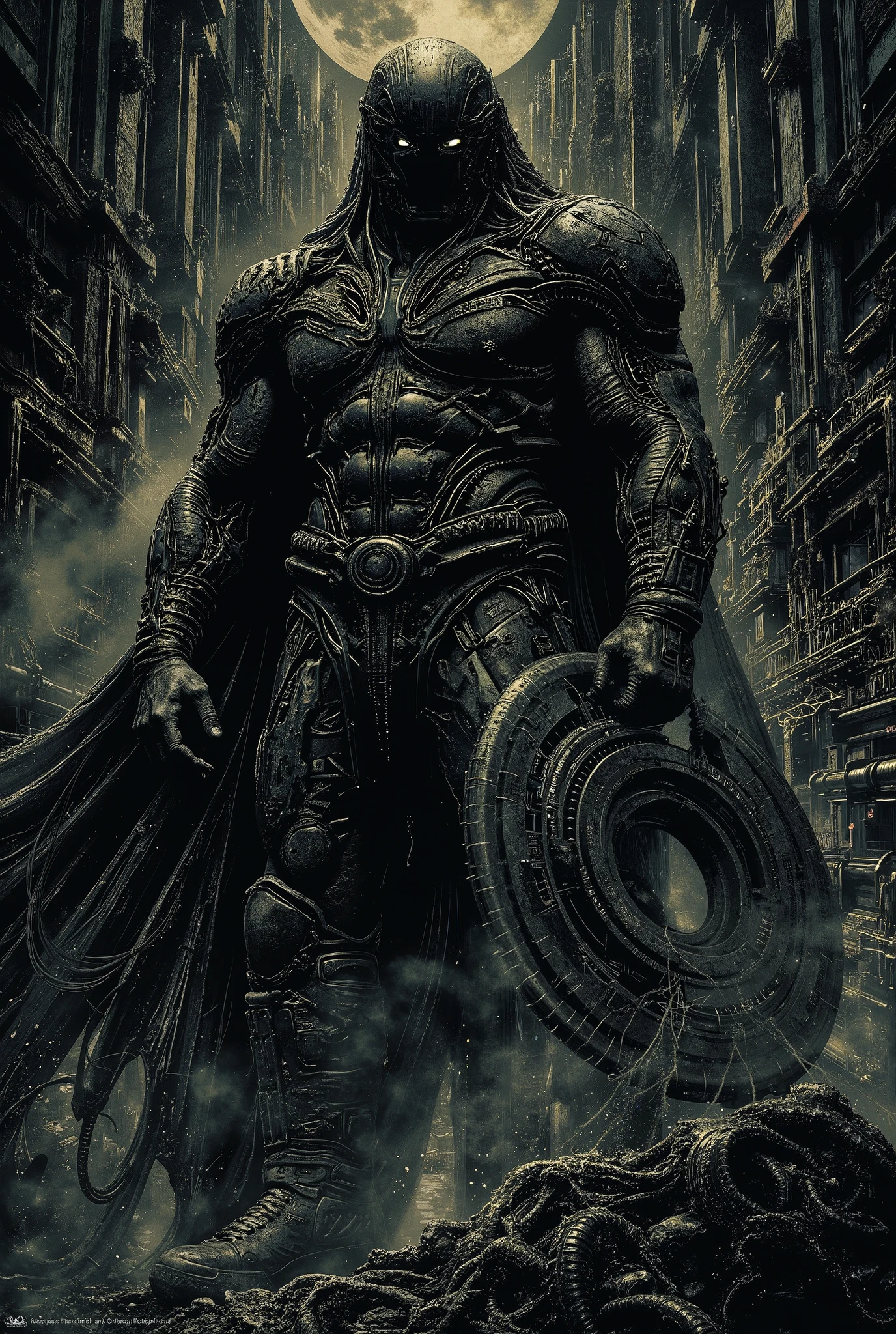 Dc justice League darkside standing on a destroying city with an axe his hand