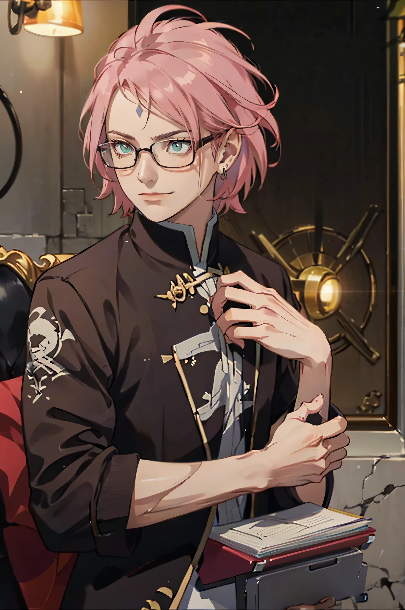 a man with green eyes and pink hair, smiling, smile, wearing glasses, dressed in a dress shirt, with a stern and intellectual face, holding books, 8k, high quality, photorealistic, dramatic lighting, smile, smiling, studio lighting, chiaroscuro, oil painting, intricate details, sharp focus, hyperrealistic, award winning portrait, elegant, sophisticated, intellectual, thoughtful expression