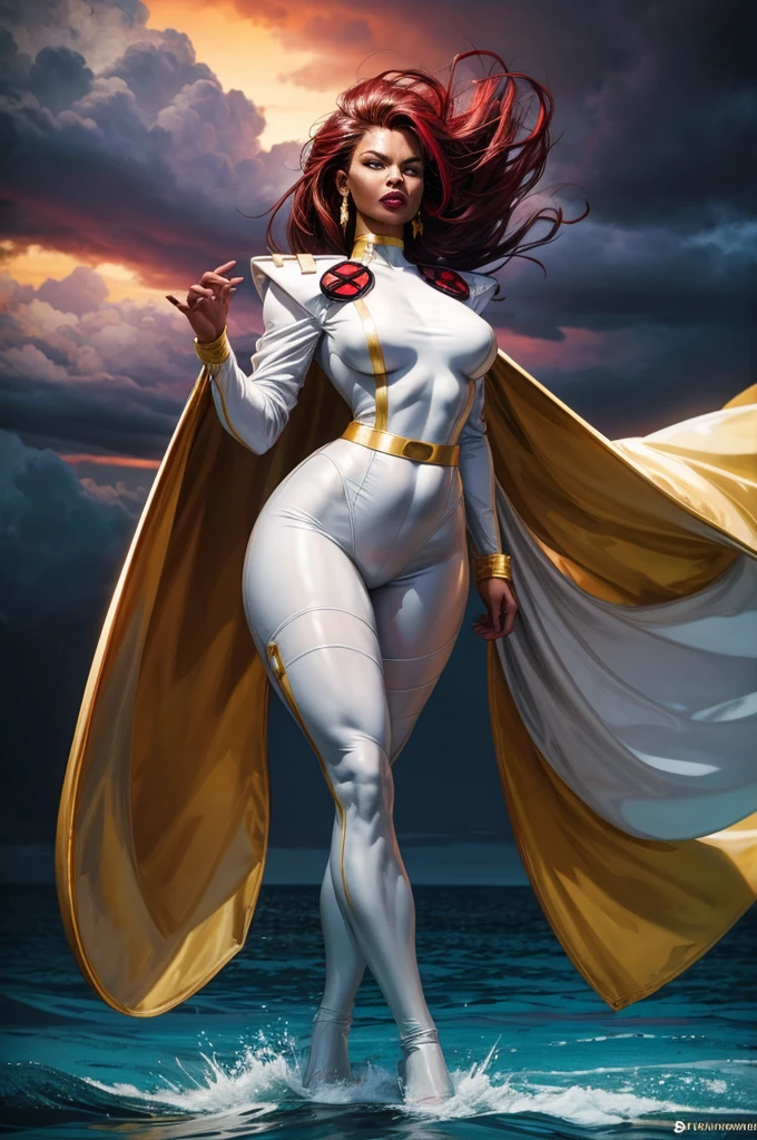Remy Lacroix, 20 years old, full body, blue eyes, parted lips, perfect body, brown hair, SFW, bold lineart illustration comic, in the style of Adam Hughes, detailed face, parted lips, cleavage, wearing a white lingerie with red laces, interstellar space background (work of art), 4K, Ultra HD
