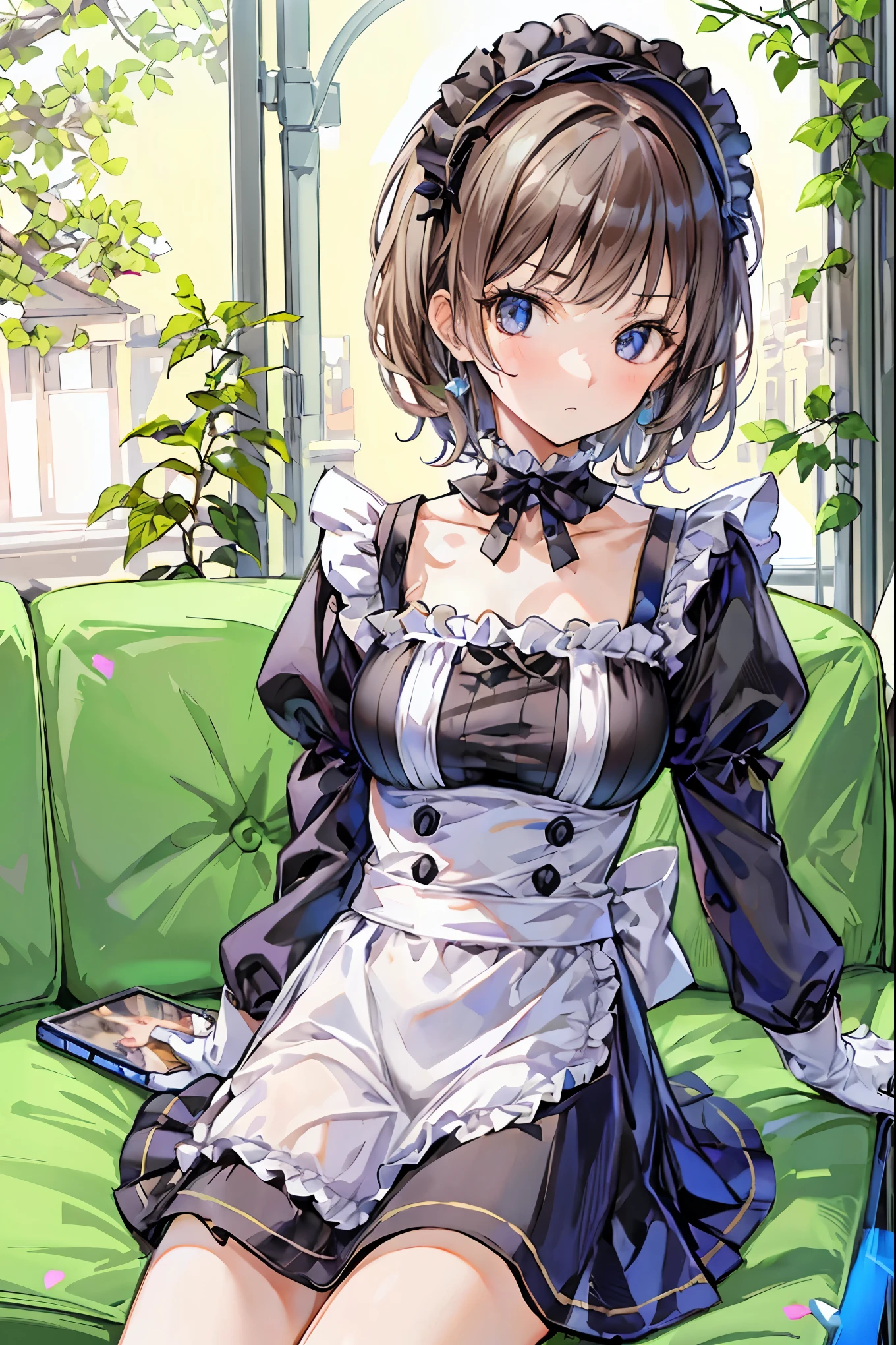 ( Masterpiece:1.2, top quality, ultra high resolution, Super Detail), ( is present, photo is present:1.4), beautiful illustration, ( natural side lighting , Movie Lighting), depth of coverage, colorful, nsfw,
watches viewers, in the seat, Maid, 20 years old, expressive eyes, perfect eye, perfect face, ( perfect anatomy), cute and symmetrical face, ,
( short hair:1.2, straight hair:1.2, brown hair), bangs, blue eyes, long lashes, ( small boobs), perfect balance, white skin, shiny skin, slender,
beautiful hair, beautiful face, beautiful detailed eyes, beautiful collarbone, beautiful body, beautiful breasts, beautiful thighs, beautiful legs,
( detailed cloth texture, (Closed clothes), black shirt, puff sleeve, Long Sleeve, black long skirt , Maid headdress, white gloves),
( beautiful view), evening, ( Living Room Minimalist ), sit on the couch, hands between legs, ( I look down with disdain , Innocent Big Eyes :1.0, Closed Mouth),