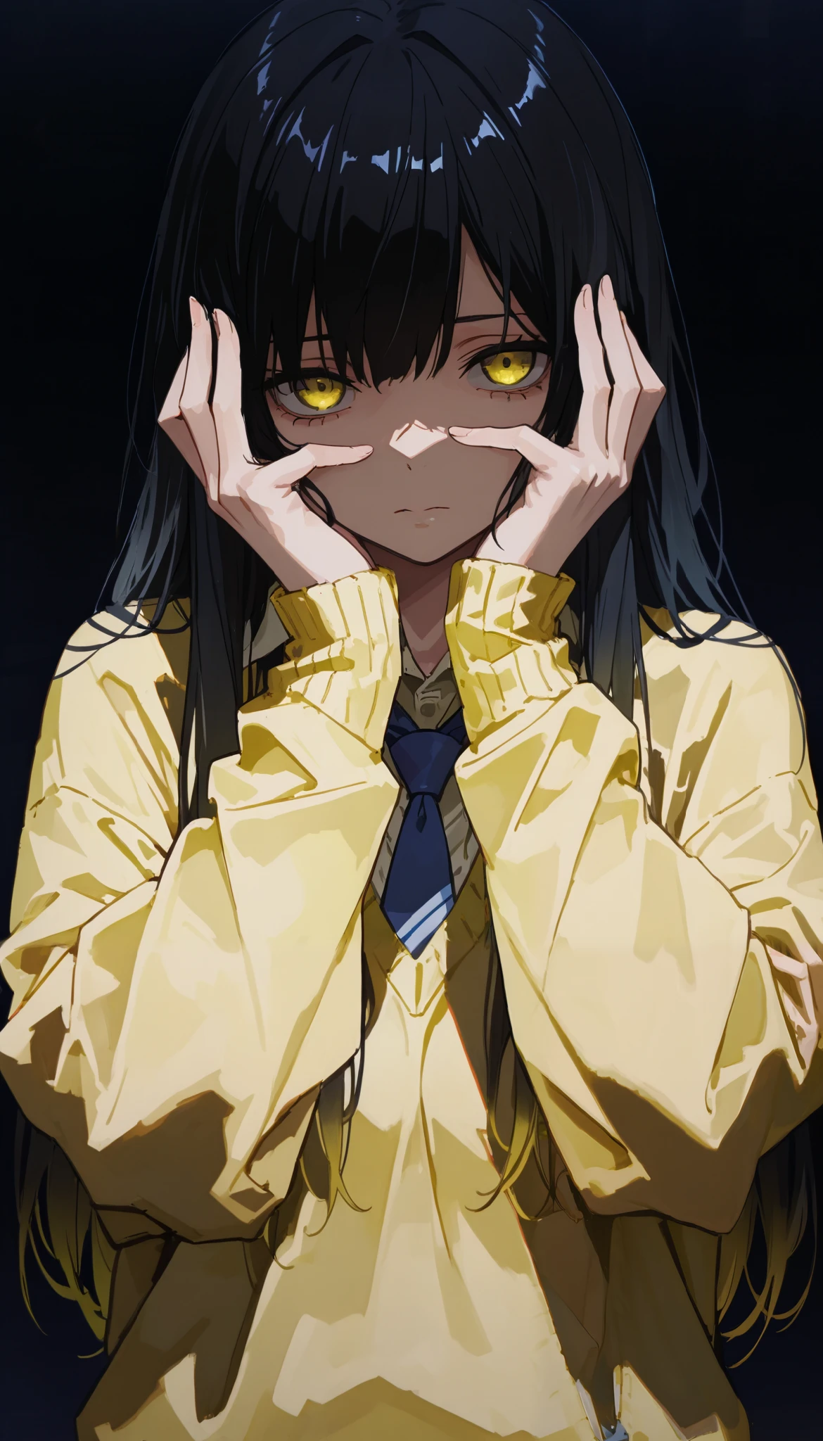 Anime girl with black hair and yellow eyes covering her eyes - SeaArt AI