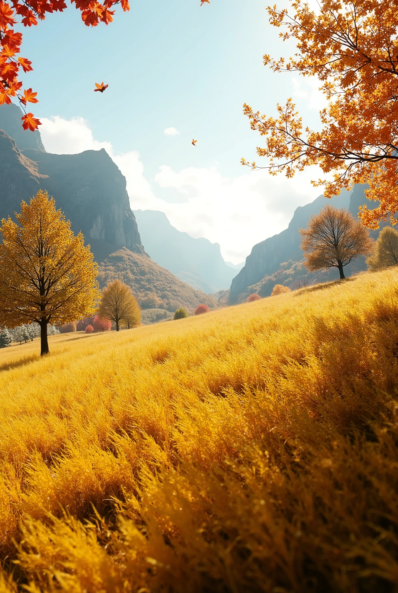 a highly detailed, realistic image of a meadows at early autumn; day time; yellow grass, a small grove of yellow and red trees and bushes; clean sky; a small cliff; few yellow and red leaves are falling down from the trees; creating a dreamy and mystical atmosphere, inspired by fantasy art, ultra-detailed, 4K resolution, cinematic lighting, vibrant colors, serene and peaceful with a hint of mystery