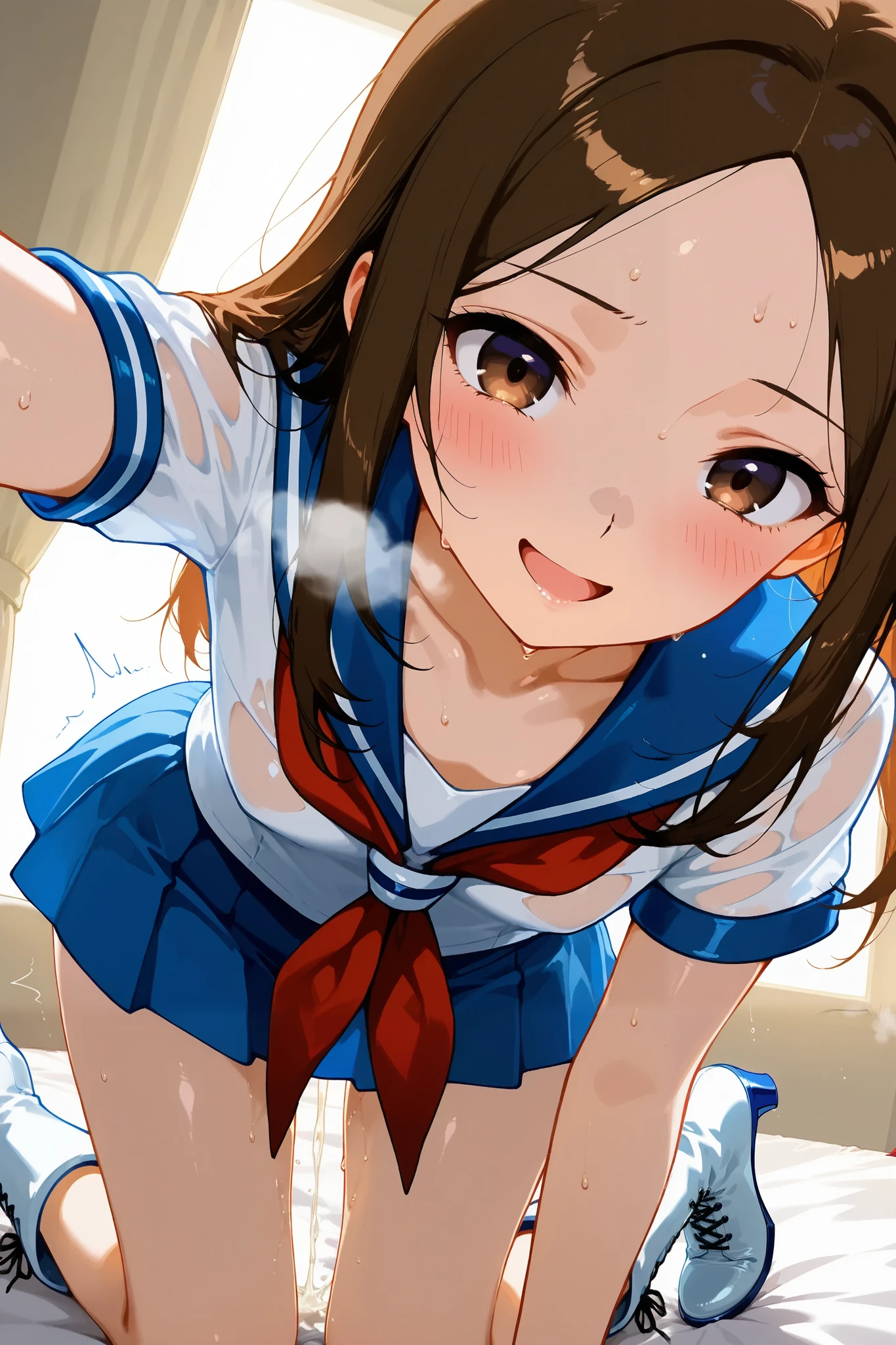 takagisan,solo,
I_,wet midium long hair,brown hair,parted bangs,brown eyes,collarbone,smile,looking at viewer,
flat breast,Short limbs,butt close-up,open mouth,
blush,ecstasy,orgasm,climax,feeling sexual pleasure,dependence,glad,I love you,
sweat,tearful eyes,intense breathing,white Breath,incontinence,I can see her panties,
sailor suits,sailor collar,red neckerchief,white shirt,short sleeves,pleated skirt,blue skirt,white panty,
white lace up boots,thigh-high boots,high heels,
beautiful legs,very thin thighs,thin calves,beautiful face,beautiful skin,anatomically correct,
highest quality,masterpiece,high definition,soft lighting,
indoors,on bed,bed room