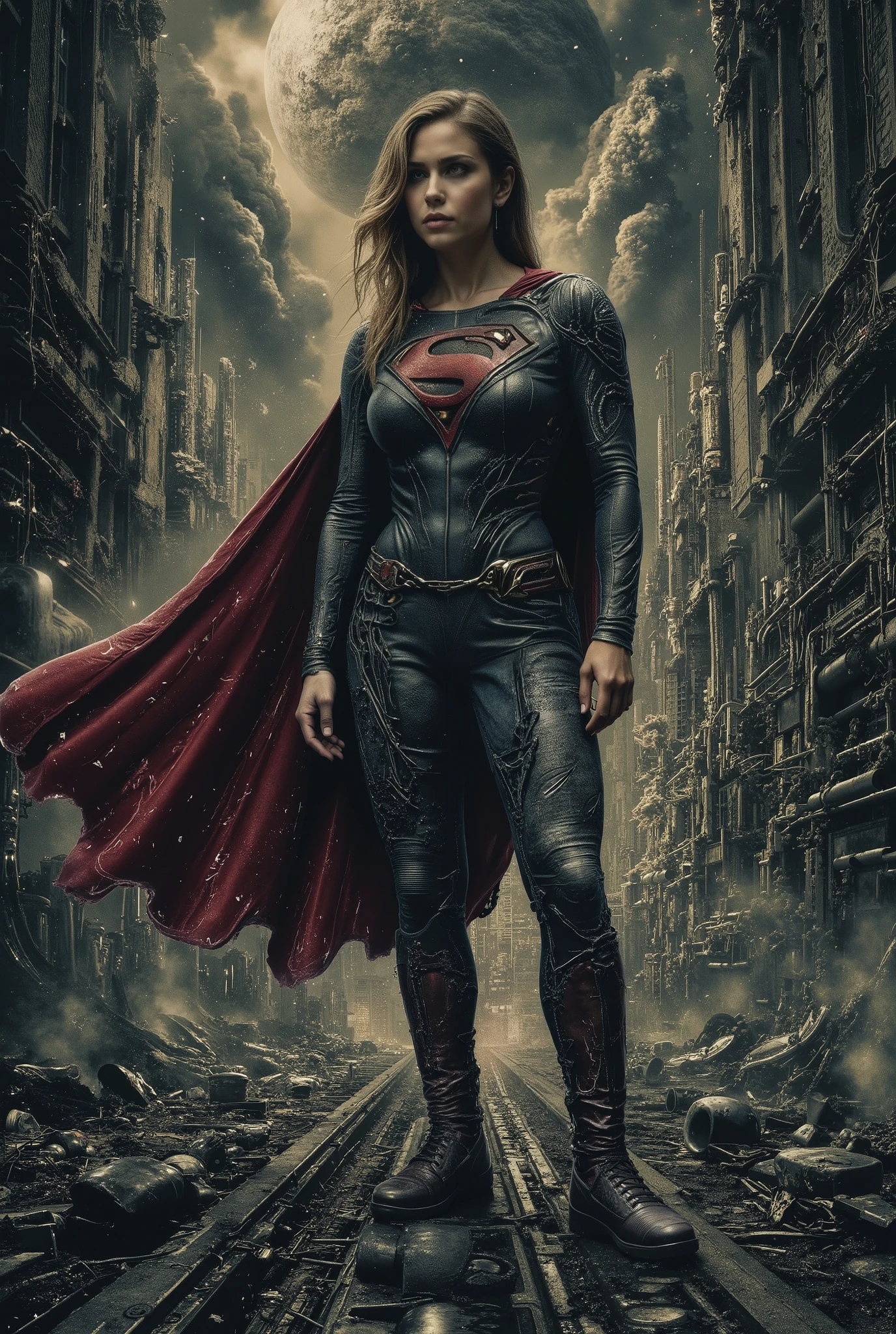 Dc justice League supergirl standing on a destroying city with