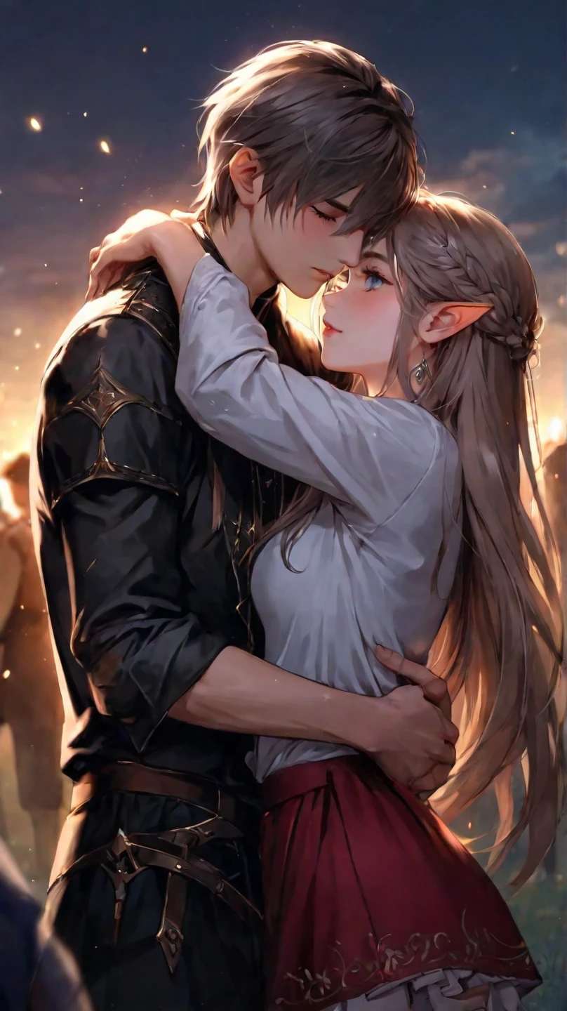 realistic portrait of princess elf, male, kiss, eyes closed, couple, dramatic lighting, illustration by Greg rutkowski, yoji shinkawa, 4k, digital art, concept art, trending on artstation