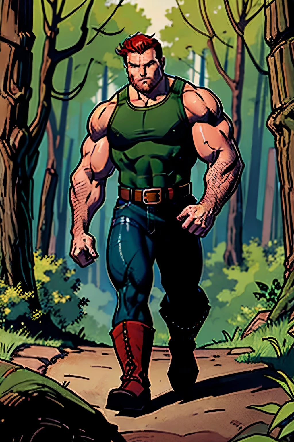 a bodybuilder lumberjack with red hair wearing green and blue lumberjack clothing and leather boots and belt confidently walks into a towering Forest