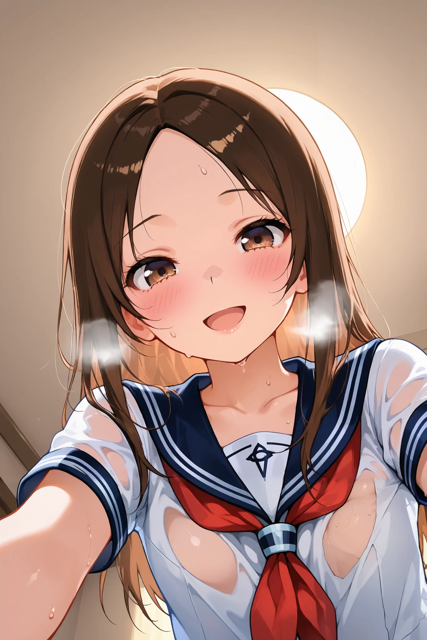 ((masterpiece, best quality)), high resolution,ultra detailed,8k,16k,detailed background, perfect lighting,detailed beautiful eyes, 1girl,solo,embarrassed,blush,show off nipple,(steam,sweat,in heat,naughty smile:1.2),seductive eyes,look at viewer,face focus,(from above:1.2), (selfie:1.4),(front view:1.2),upper body,provocative eyes,fisheye lens,be breathless,open shirt
,kawaii,teenage,short stature,short body,medium breast,nicenature,
nicenatureuniform,brown hair,gray eyes,short twintail,seaside beach,sky