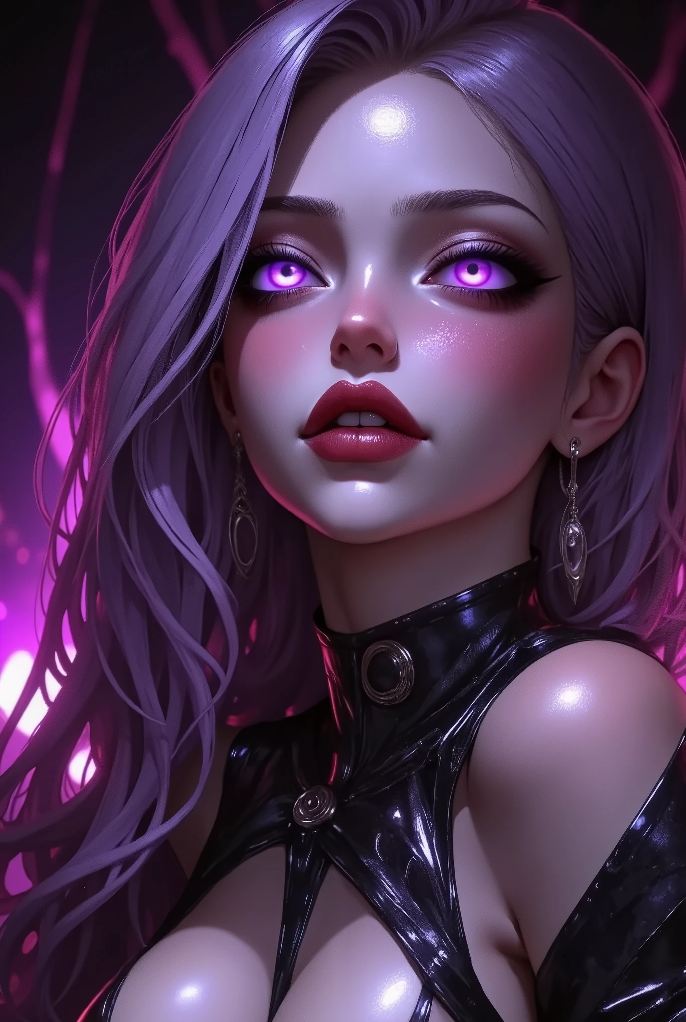 A hyper-realistic close-up portrait of Rider (Medusa) from "Fate/Stay Night Movie - Heaven's Feel III," designed to capture her anime essence in a lifelike manner. The image focuses on her face, bringing out the finest details—her flawless pale skin, sharp and symmetrical facial features, and a slightly parted mouth conveying quiet confidence. Her long, silky lavender hair cascades gently around her face, catching soft highlights for a realistic depth.
Her striking violet eyes glow intensely under soft ambient light, their hypnotic allure drawing the viewer in. The blindfold is absent, allowing the full power of her mystic gaze to be seen. The lighting is cinematic, with delicate highlights on her cheekbones, nose, and lips, while soft shadows add depth and realism.
The background is a blurred, atmospheric environment, ensuring the focus remains on her face. The composition maintains her anime accuracy while transforming her into a highly realistic depiction. Every detail, from the subtle skin pores to the delicate reflections in her eyes, enhances the lifelike quality of the image while keeping true to her original design.