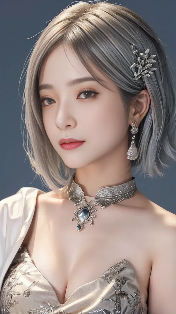 very cool,One person,jewelry,Multicolored Hair,Silver Hair,Gray Hair,alone,necklace,short hair,whole body,Earrings,Red lips,avert your eyes,Exposing shoulders,Look to the side,compensate,lipstick,, Highest quality , masterpiece, figure, Very delicate and beautiful, Very detailed ,CG,Unity,8k wallpaper, wonderful, In detail, masterpiece, Highest quality,Official Art,Very detailed CG Unity 8k wallpaper,Absurd, incredibly Absurd, Large file size , Very detailed, High resolution, Very detailed,Beautiful detailed, Very detailed eyes and face, Beautiful attention to detail,Light on the face,