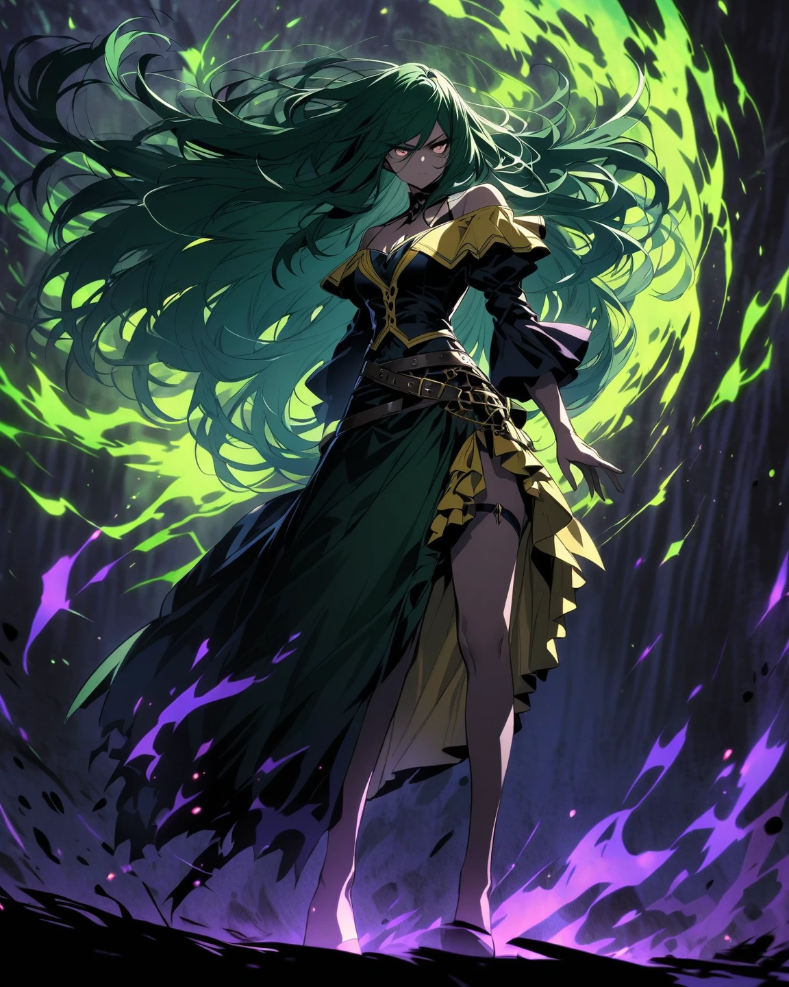 Dragon man, mage, green hair, dark fantasy, detailed green and black cosmic robe, cosmic staff, pet dragon, purple eyes