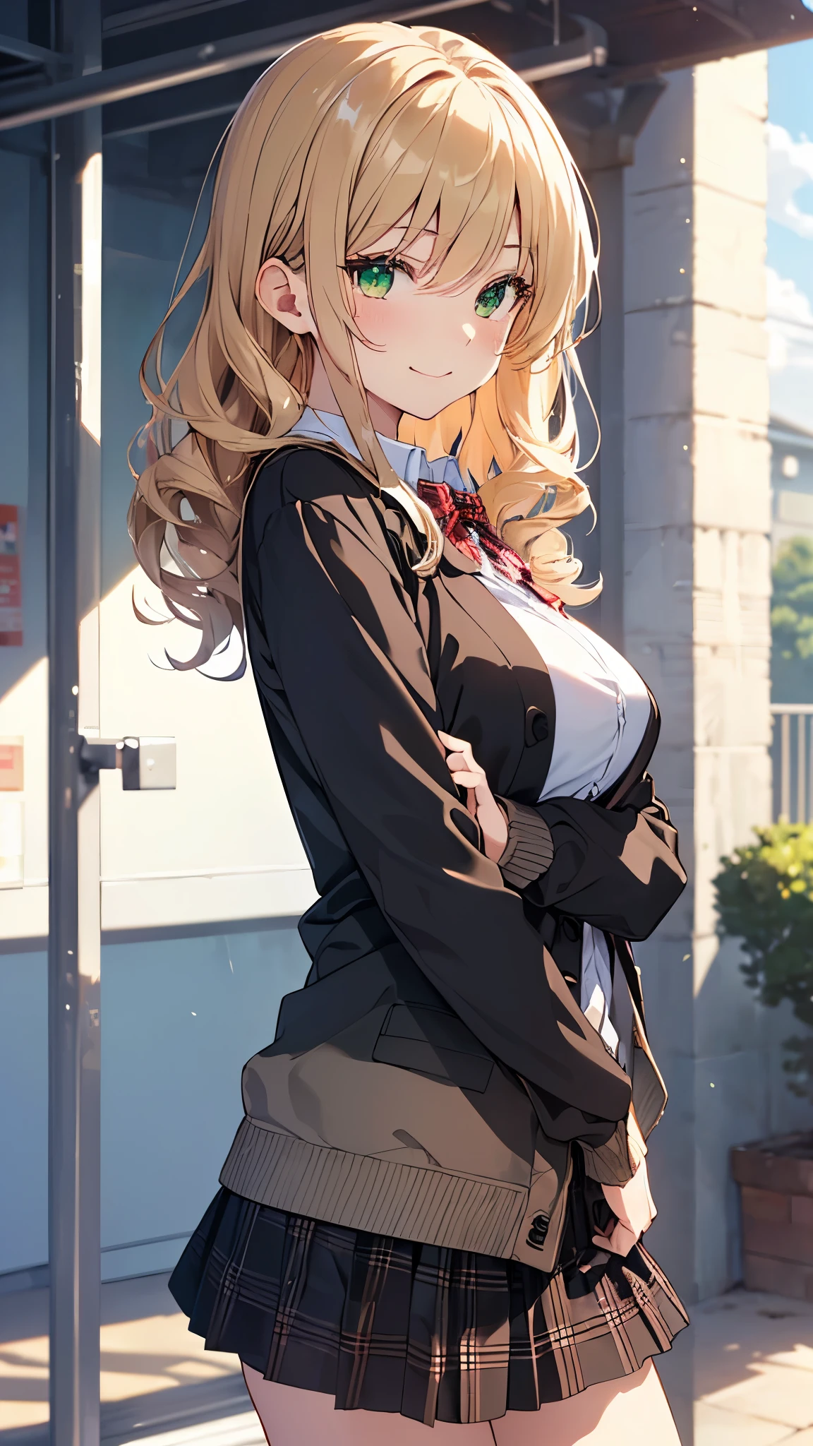 Masterpiece, Top quality, (1 beautiful girl), junior high school student, Blonde, Braided hair, Medium Hair, wet Hair, blunt bangs, standard weight, cardigan, pleated skirt, (wet clothes):1.2, laugh with an open mouth,(running),after the rain, beautiful scene of alley, puddle, cowboy shot, from below