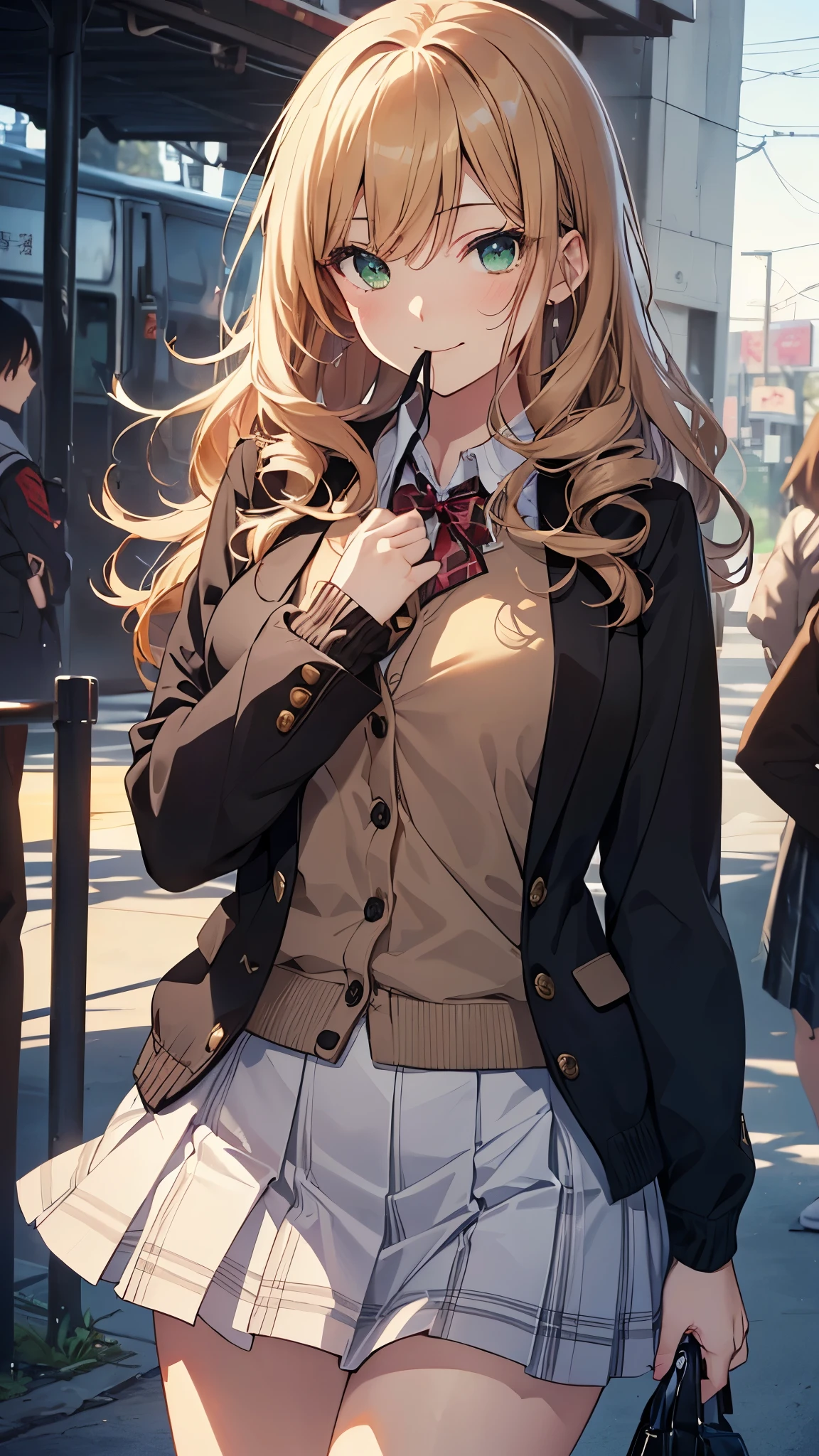 Anime girl with blonde hair and blue eyes walking down the street ...